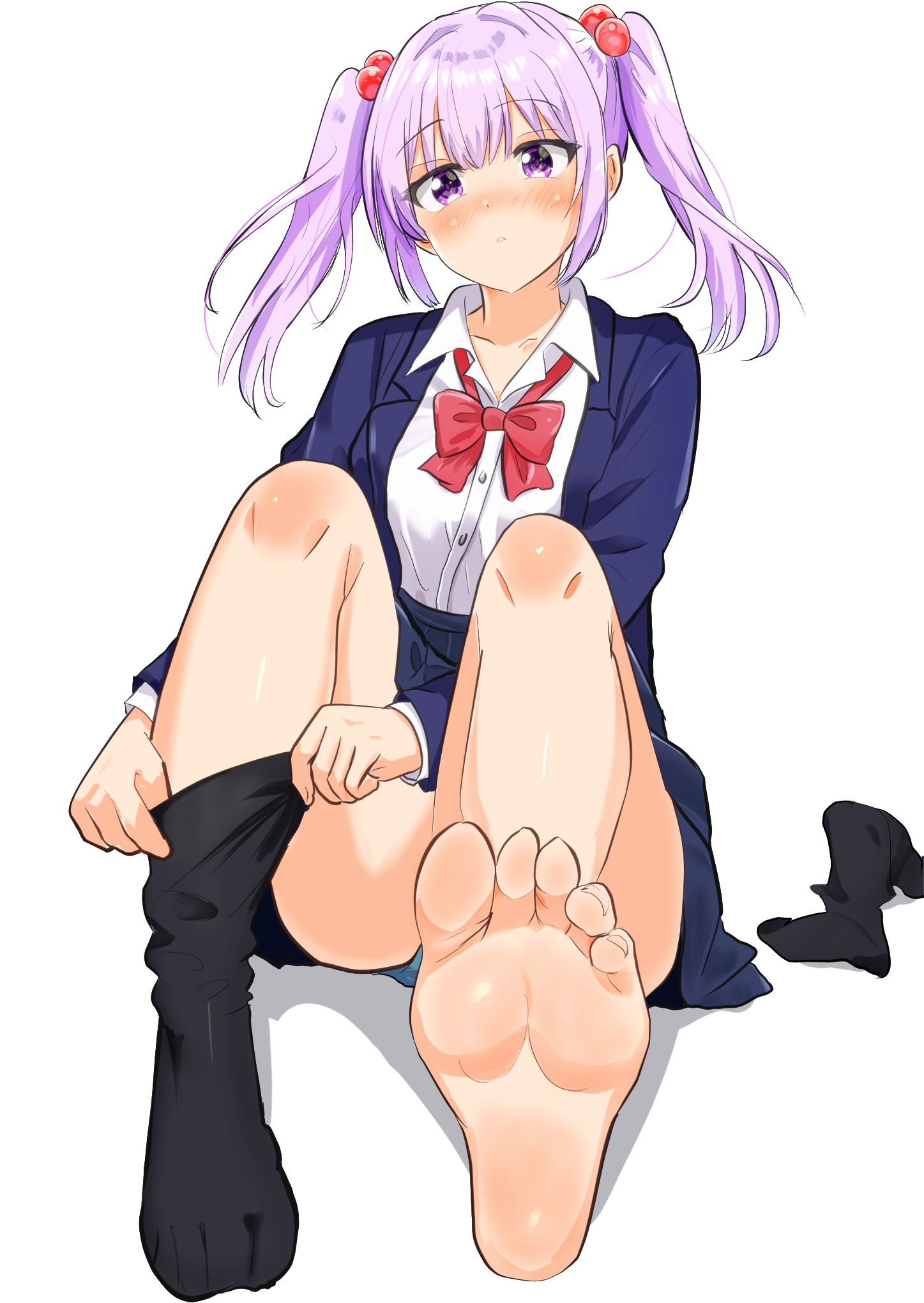 yu yukiru, original, highres, 1girl, barefoot, black socks, blush, feet, long hair, looking at viewer, purple eyes, purple hair, school uniform, socks, soles, toes, twintails, unworn socks