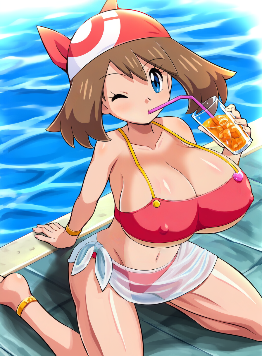 pokemoa, may (pokemon), nintendo, pokemon, pokemon (anime), pokemon rse (anime), highres, 1girl, ankle strap, bandana, bikini, blue eyes, bracelet, breasts, brown hair, cleavage, cup, drinking, drinking glass, drinking straw, female focus, jewelry, large breasts, pool, poolside, sarong, solo, swimsuit, thick thighs, thighs
