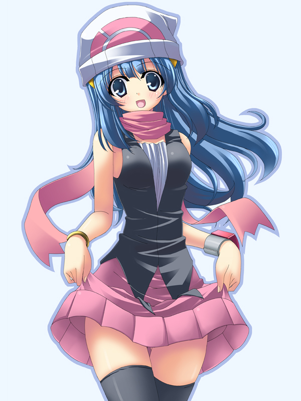rappa (rappaya), dawn (pokemon), nintendo, pokemon, 1girl, :d, beanie, blue eyes, blue hair, blush, clothes lift, female focus, hair ornament, hairclip, happy, hat, long hair, matching hair/eyes, open mouth, scarf, simple background, skirt, skirt lift, smile, solo, thighhighs