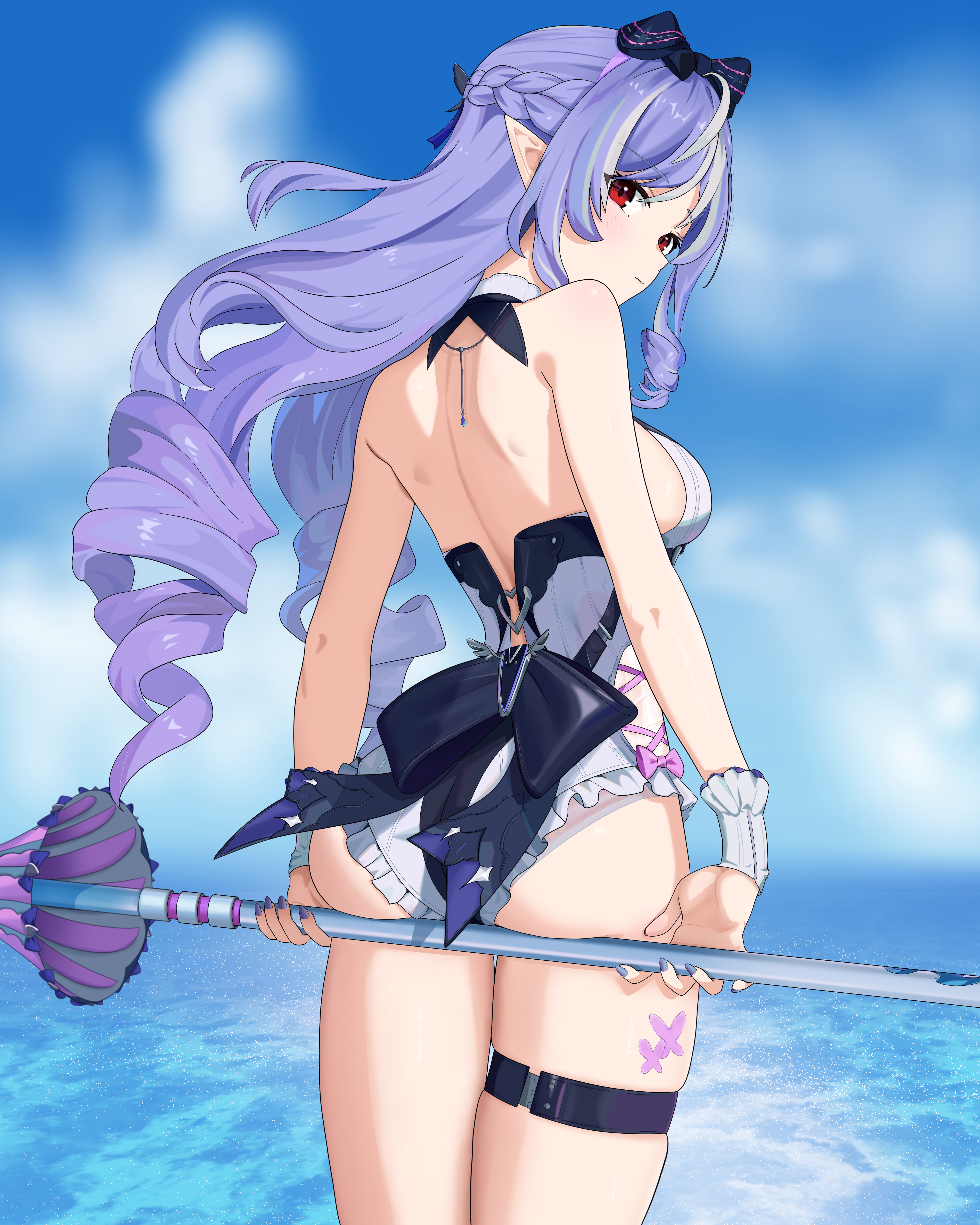 ir who, vivian banshee, vivian banshee (iris of the shore), zenless zone zero, absurdres, commentary, highres, 1girl, ass, bare shoulders, blue sky, blurry, blurry background, bow, braid, breasts, casual one-piece swimsuit, closed mouth, closed umbrella, day, fingernails, from behind, hair bow, half up braid, holding, holding umbrella, large breasts, long hair, looking at viewer, looking back, multicolored hair, nail polish, official alternate costume, one-piece swimsuit, outdoors, pointy ears, purple bow, purple hair, purple nails, red eyes, shoulder blades, sidelocks, sky, solo, streaked hair, swimsuit, thigh strap, thighs, umbrella, white one-piece swimsuit