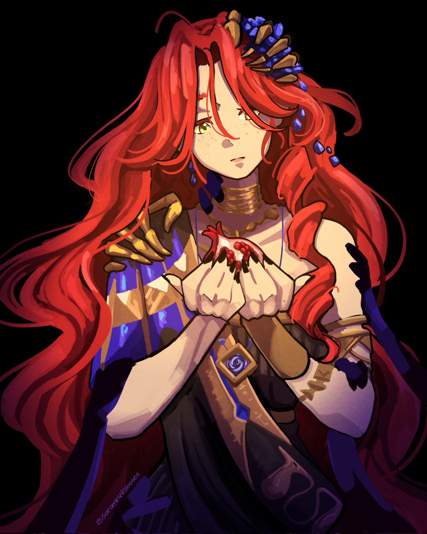 sophia (manus vindictae) (reverse:1999), sophia (reverse:1999), reverse:1999, highres, 1girl, armlet, black background, black dress, black sash, blue gemstone, closed mouth, dress, food, freckles, fruit, gem, gold choker, green eyes, hair ornament, hair over one eye, hands up, holding, holding food, jewelry, long hair, looking at viewer, pomegranate, red hair, saramin, sash, single bare shoulder, sleeveless, sleeveless dress, solo, upper body, very long hair