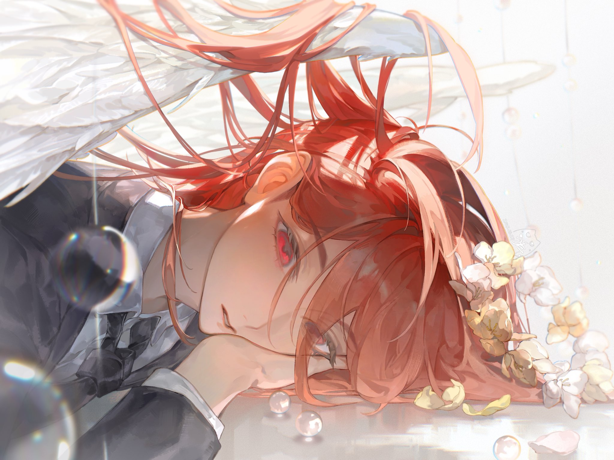 you yeyou0904, angel devil (chainsaw man), chainsaw man, hashtag-only commentary, highres, 1boy, angel wings, black suit, blurry, bubble, depth of field, eyelashes, flower wreath, formal clothes, head rest, long hair, looking at viewer, male focus, red eyes, red hair, solo, suit, upper body, wings