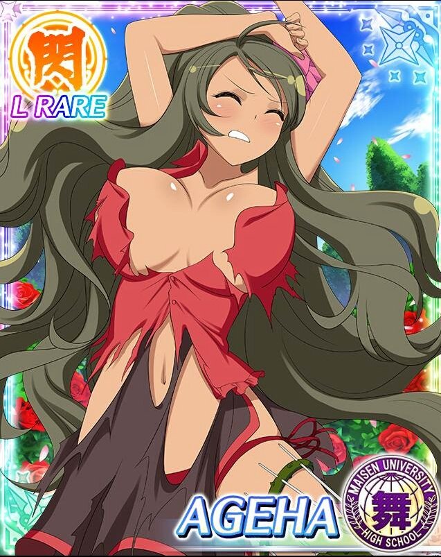 ageha (senran kagura), senran kagura, senran kagura new wave, game cg, non-web source, official art, 1girl, arms up, border, breasts, brown eyes, brown hair, card (medium), clenched teeth, closed eyes, dark-skinned female, dark skin, large breasts, long hair, navel, ninja, official alternate costume, outdoors, pantyhose, red pantyhose, teeth, torn clothes, wavy hair
