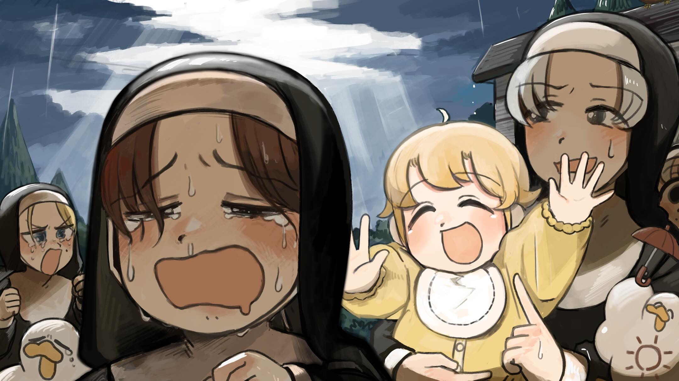 diva (hyxpk), bunny nun (diva), clumsy nun (diva), hungry nun (diva), smug nun (diva), strict nun's mother (diva), little nuns (diva), commentary, english commentary, highres, 5girls, :d, aged down, baby, bird, black eyes, blonde hair, blue eyes, brown hair, chicken, closed eyes, cloud, cloudy sky, crying, crying with eyes open, duck, grey hair, mole, mole on cheek, multiple girls, nun, open mouth, sky, smile, sweatdrop, tears, traditional nun, tree