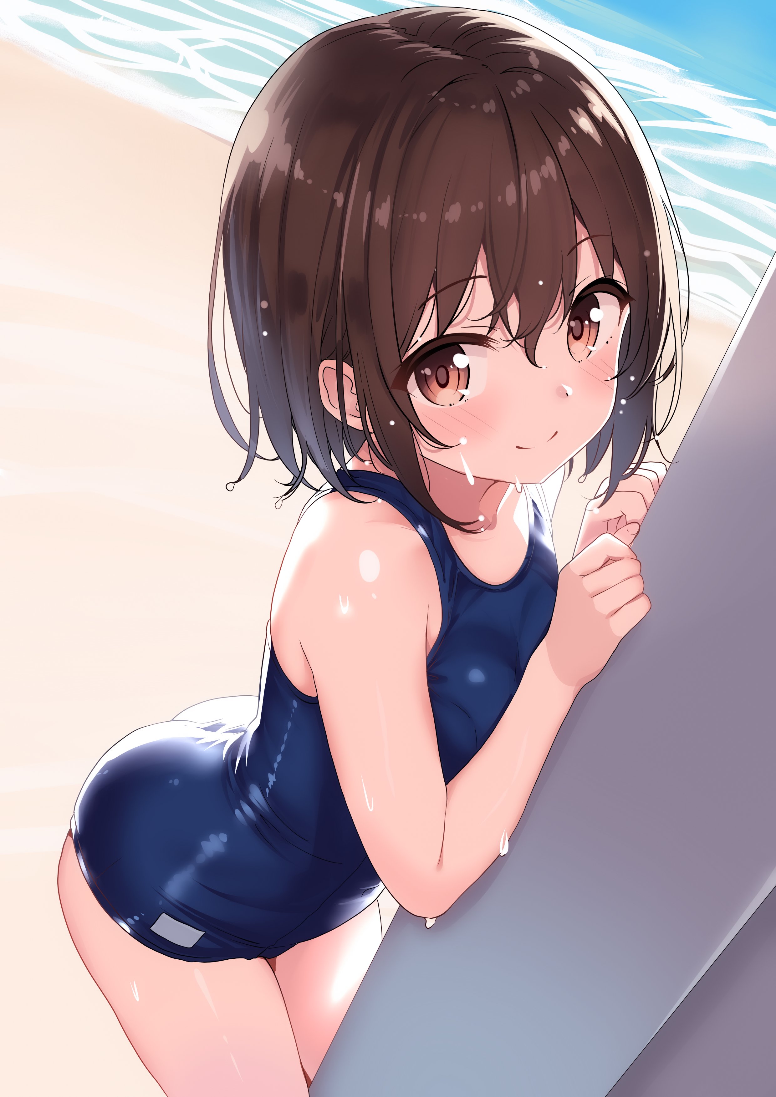 himura moritaka, original, absurdres, commentary request, highres, 1girl, beach, blue one-piece swimsuit, breasts, brown eyes, brown hair, cowboy shot, feet out of frame, medium breasts, old school swimsuit, one-piece swimsuit, school swimsuit, short hair, smile, solo, swimsuit, waves