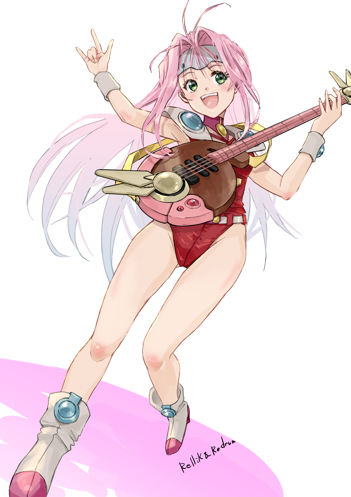 jun (rellik & redrum), mylene jenius, macross, macross 7, highres, 1girl, :d, armpits, artist name, bare legs, blush, feet out of frame, floating hair, green eyes, grey wrist cuffs, hair intakes, highleg, highleg leotard, holding, holding instrument, instrument, leotard, long hair, looking at viewer, open mouth, pink hair, red leotard, smile, solo, very long hair, white background, wrist cuffs
