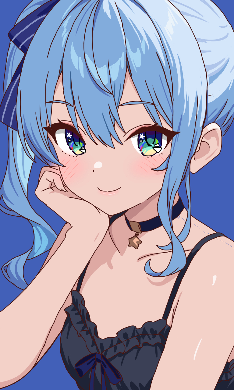 dr. junyaman, hoshimachi suisei, hololive, highres, 1girl, bare arms, black choker, black shirt, blue background, blue bow, blue hair, bow, choker, closed mouth, collarbone, green eyes, hair between eyes, hair bow, head rest, long hair, shiny skin, shirt, side ponytail, sidelocks, simple background, sleeveless, sleeveless shirt, smile, solo, star pendant, striped bow, upper body