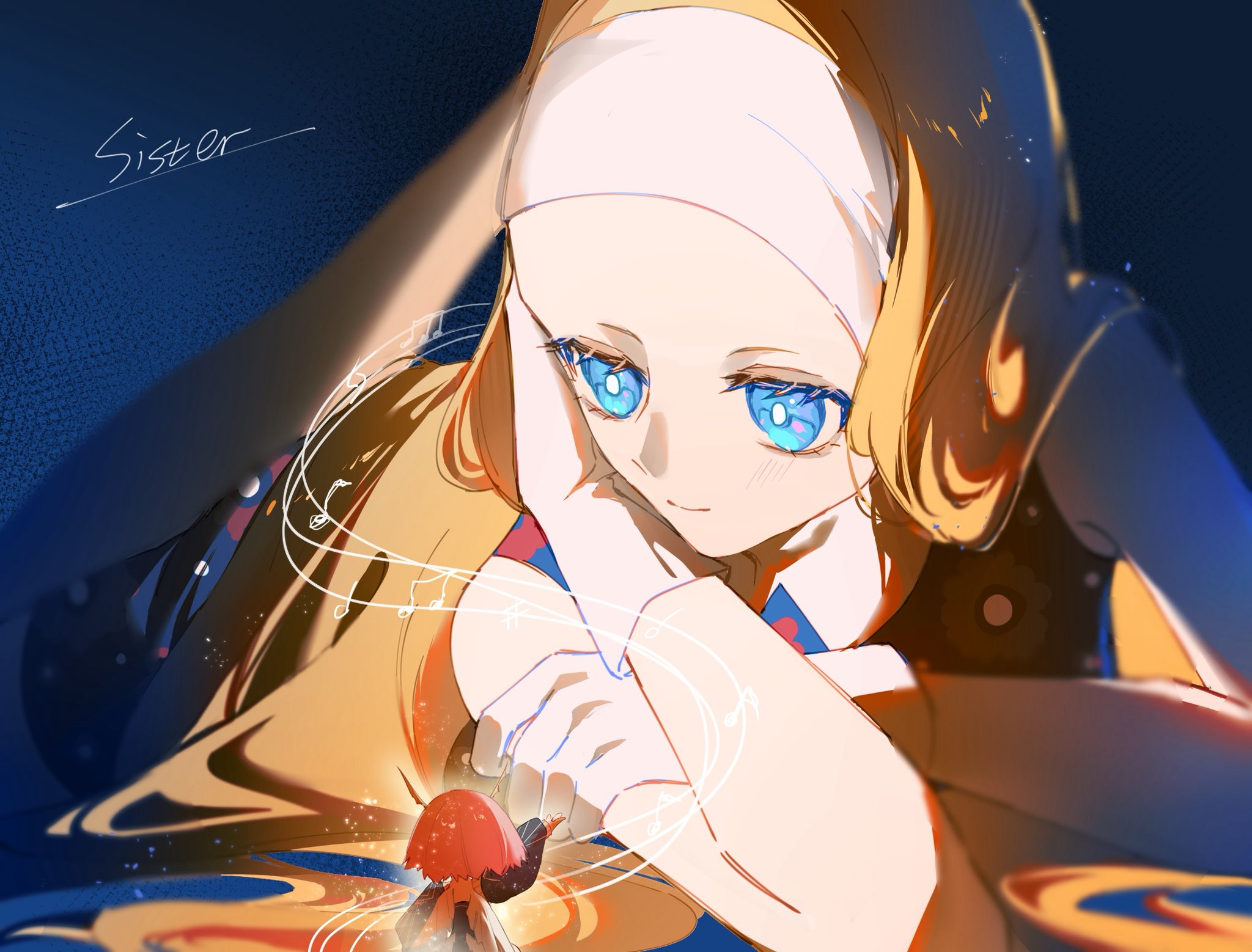 junah (metaphor: refantazio), rella (metaphor: refantazio), metaphor: refantazio, highres, 2girls, bare shoulders, blonde hair, blue eyes, closed mouth, english text, gloves, hairband, long hair, lying, mini person, minigirl, multiple girls, musical note, pink hair, ringo mocha, siblings, sisters, size difference, sleeveless, smile, very long hair, white gloves, white hairband