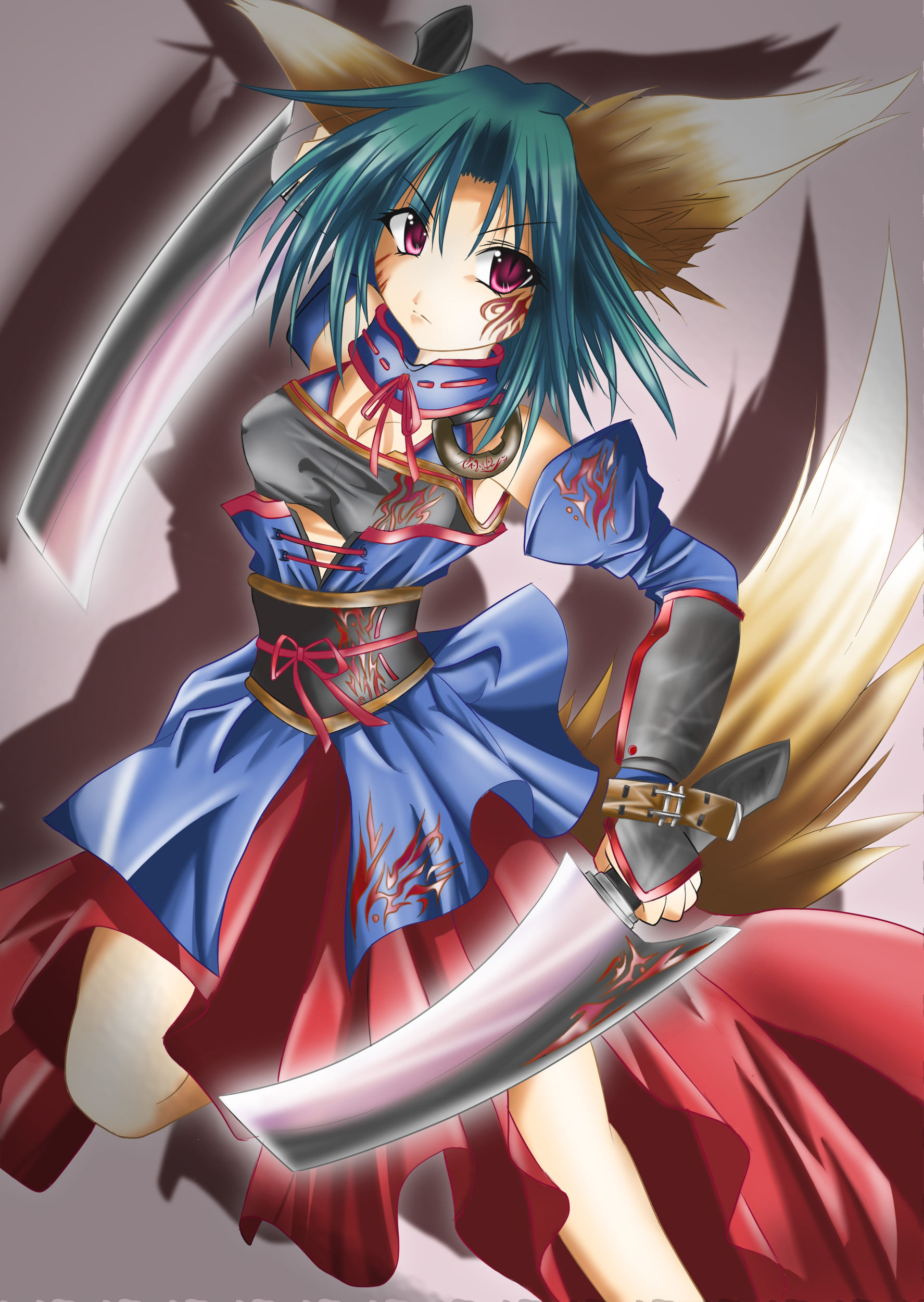 hotaru kaba, r-y-i-gto-love, original, absurdres, highres, 1girl, animal ears, aqua hair, detached sleeves, dual wielding, female focus, fox ears, holding, purple eyes, shadow, slit pupils, solo, sword, tail, tattoo, weapon