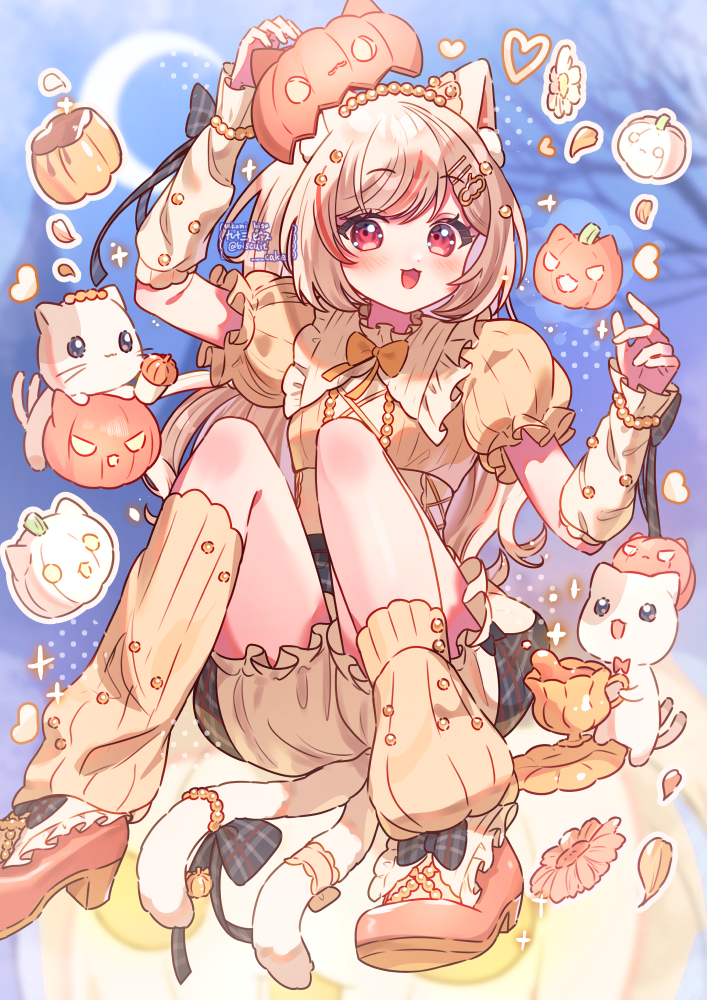 tsukumi bis, original, commentary, symbol-only commentary, 1girl, :3, :d, animal ear fluff, animal ears, arm up, blonde hair, blue background, blush, bow, bowtie, cat, cat ears, cat girl, cat tail, full body, hair ornament, hairclip, halloween, long hair, multicolored hair, multiple tails, open mouth, orange bow, orange bowtie, orange shoes, parallel hairclips, pumpkin, red eyes, red streaks, shirt, shoes, short sleeves, shorts, sitting, smile, socks, solo, streaked hair, tail, two tails, watermark, yellow shirt, yellow shorts, yellow socks