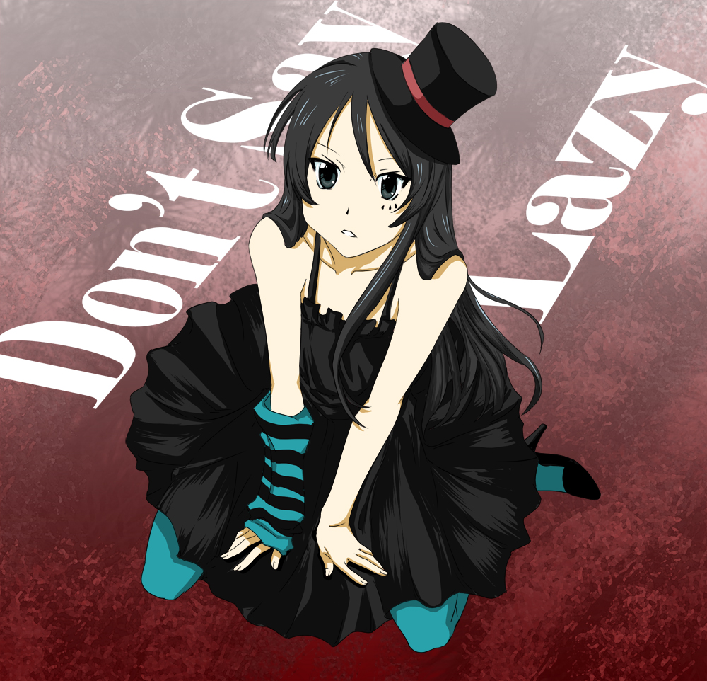 eiji (eiji), akiyama mio, don't say "lazy", k-on!, striped, 00s, 1girl, black eyes, black hair, blue pantyhose, dress, female focus, hat, high heels, mini hat, mini top hat, pantyhose, shoes, skirt, solo, top hat