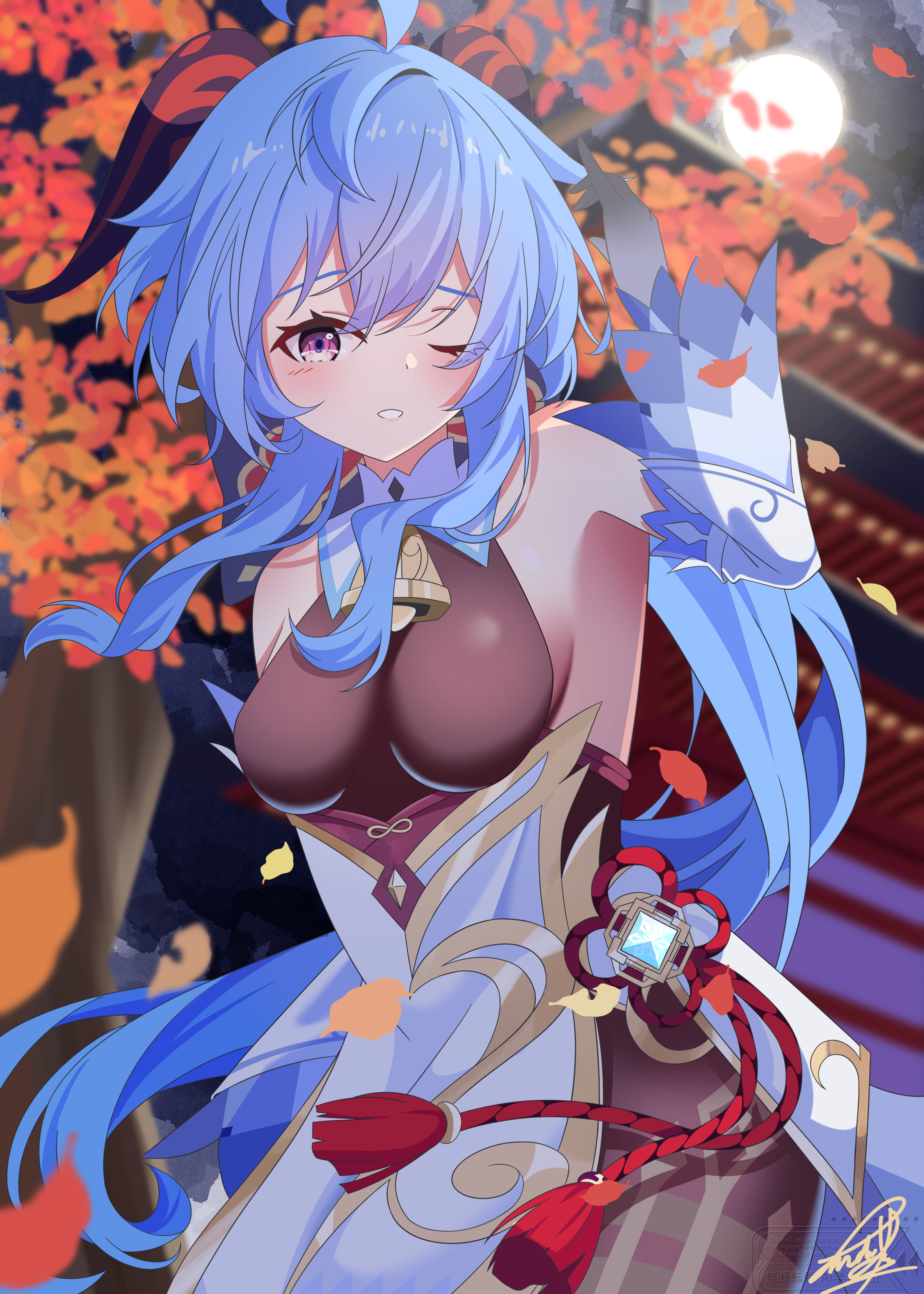 sankaku (maruchann32), ganyu (genshin impact), genshin impact, black bodystocking, absurdres, commentary request, highres, 1girl, ahoge, bare shoulders, bell, black gloves, blue hair, blush, breasts, cowbell, cryo symbol (genshin impact), detached sleeves, gloves, hair between eyes, hand up, long hair, long sleeves, looking at viewer, medium breasts, neck bell, one eye closed, outdoors, parted lips, purple eyes, solo, tassel, very long hair, vision (genshin impact)