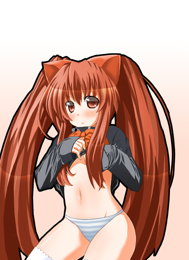 chibi (nekomimimi), nekomimimi, aloe, aloe (quiz magic academy), quiz magic academy, bad id, bad pixiv id, 1girl, :o, animal ears, blush, brown eyes, brown hair, clothes lift, dress, dress lift, female focus, long hair, long sleeves, looking at viewer, navel, panties, parted lips, ribbon, sleeves past wrists, solo, striped clothes, striped panties, thighhighs, twintails, underwear, very long hair, white thighhighs