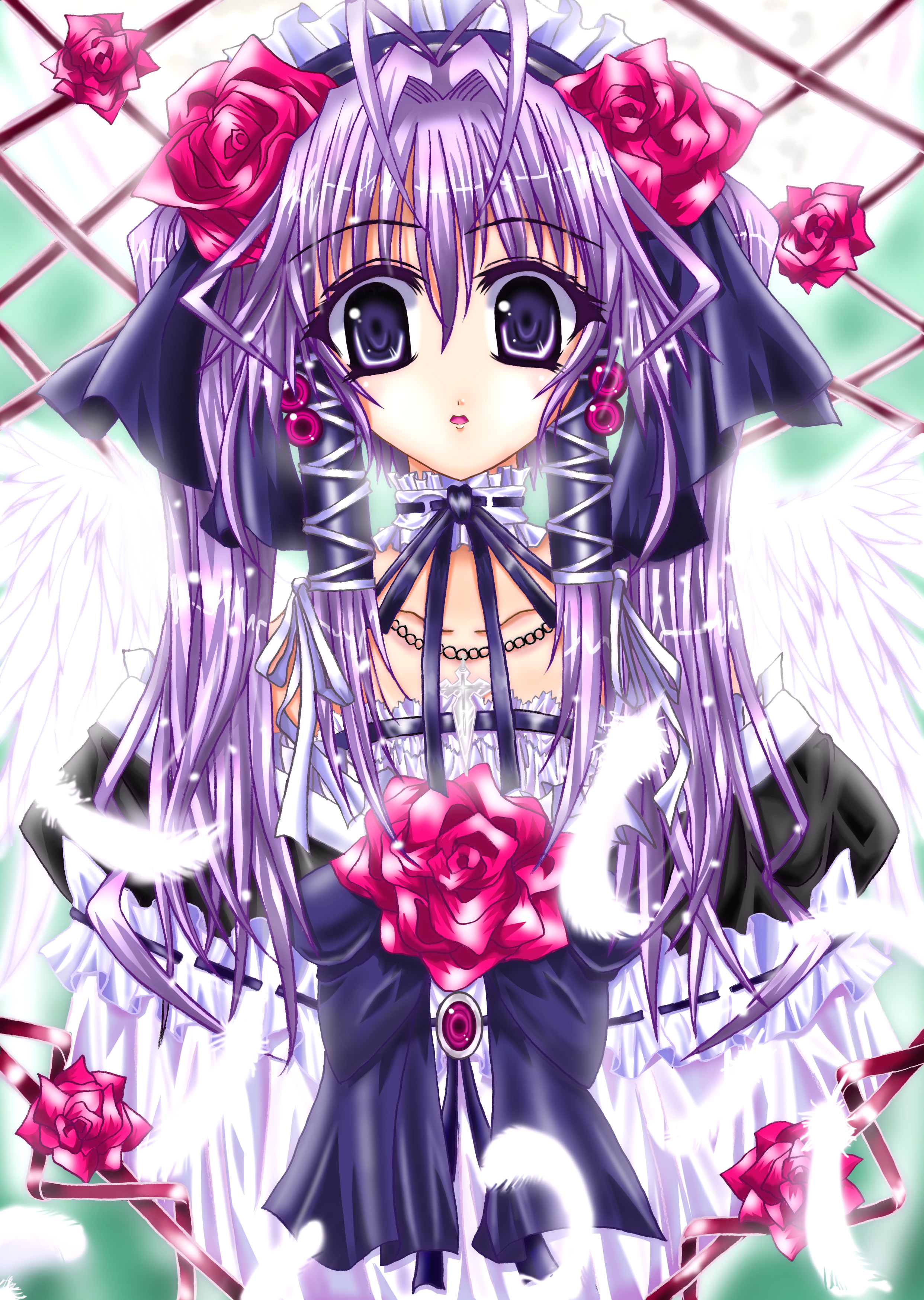 hotaru kaba, r-y-i-gto-love, original, absurdres, highres, 1girl, angel, choker, feathers, female focus, flower, gothic lolita, hair bobbles, hair flower, hair ornament, hair ribbon, jewelry, lolita fashion, necklace, purple hair, ribbon, solo, wings