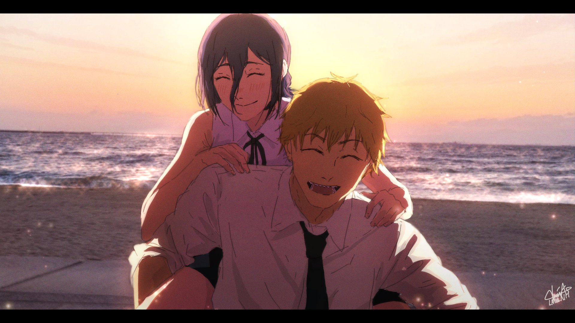 laillnii, denji (chainsaw man), reze (chainsaw man), chainsaw man, commentary, highres, 1boy, 1girl, beach, black hair, black necktie, blonde hair, carrying, closed eyes, closed mouth, collared shirt, evening, hair between eyes, hetero, horizon, letterboxed, long hair between eyes, necktie, ocean, open mouth, outdoors, photo background, piggyback, shirt, shore, short hair, signature, sky, sleeveless, sleeveless shirt, smile, water, white shirt