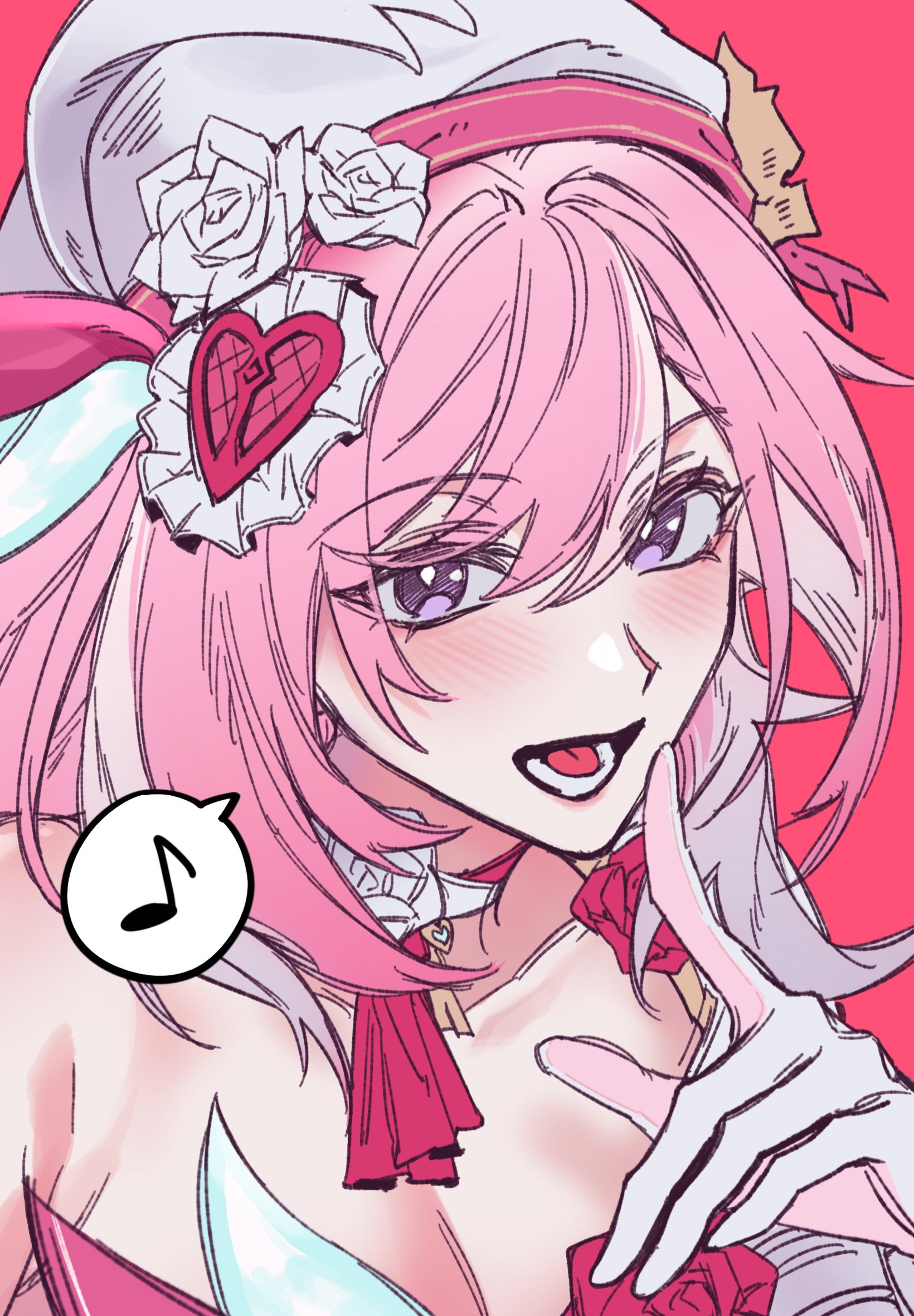 tthhdddd, elysia (hi love elf) (honkai impact), elysia (honkai impact), honkai (series), honkai impact 3rd, commentary request, highres, korean commentary, 1girl, beret, breasts, cleavage, hat, large breasts, long hair, looking at viewer, multicolored hair, musical note, open mouth, pink background, pink hair, purple eyes, simple background, solo, spoken musical note, two-tone hair, upper body, very long hair, white hair