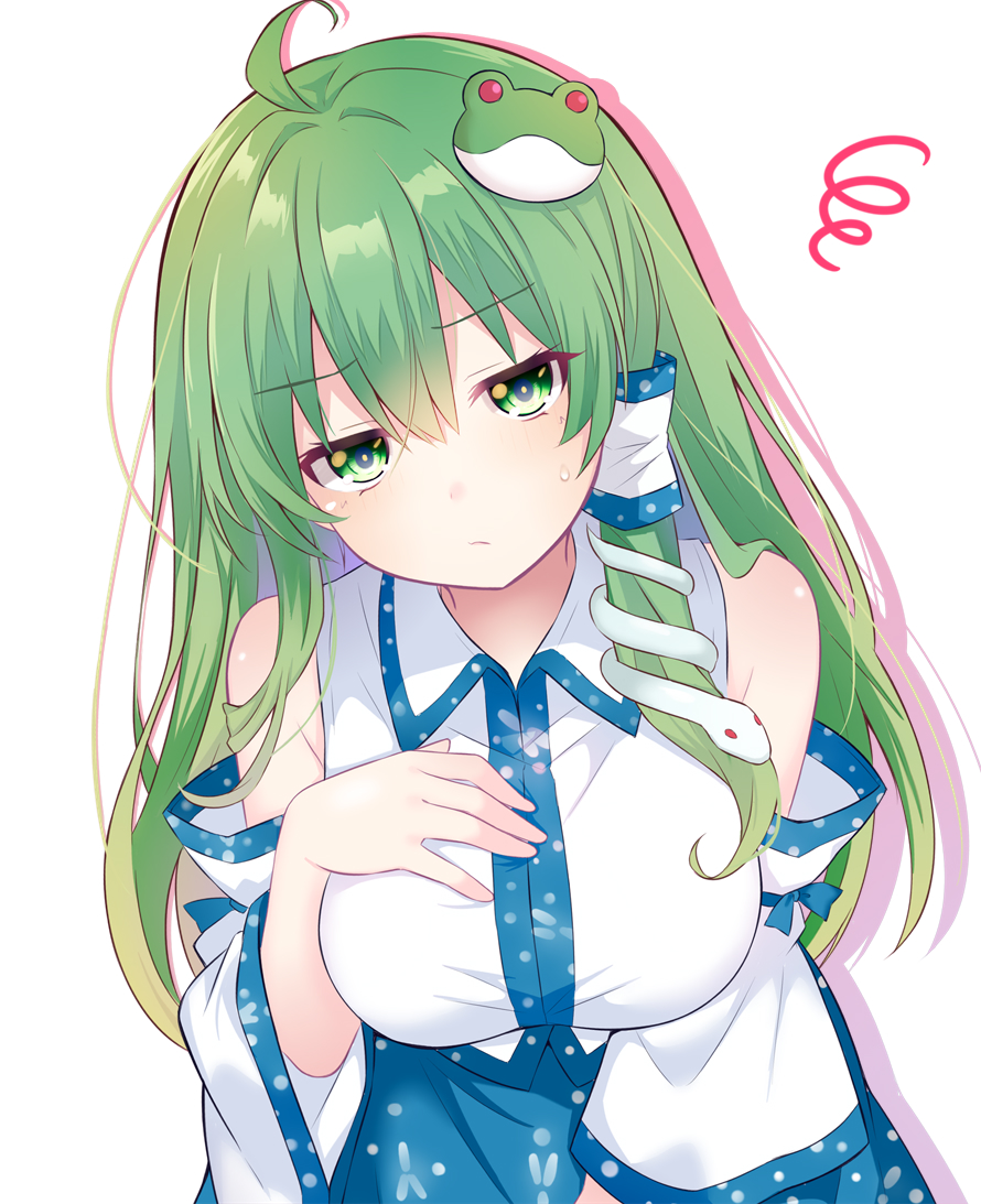 tanaka shoushou fumimaro, kochiya sanae, touhou, commentary request, 1girl, ahoge, bare shoulders, blue bow, blue hair, blue skirt, bow, breasts, closed mouth, collared shirt, colored inner hair, detached sleeves, frog hair ornament, green eyes, green hair, hair between eyes, hair ornament, hair tubes, half-closed eyes, hand on own chest, hand up, large breasts, long hair, long sleeves, looking at viewer, multicolored hair, nontraditional miko, shadow, shirt, simple background, single hair tube, skirt, sleeveless, sleeveless shirt, snake hair ornament, solo, squiggle, standing, sweatdrop, white background, white shirt, white sleeves, wide sleeves