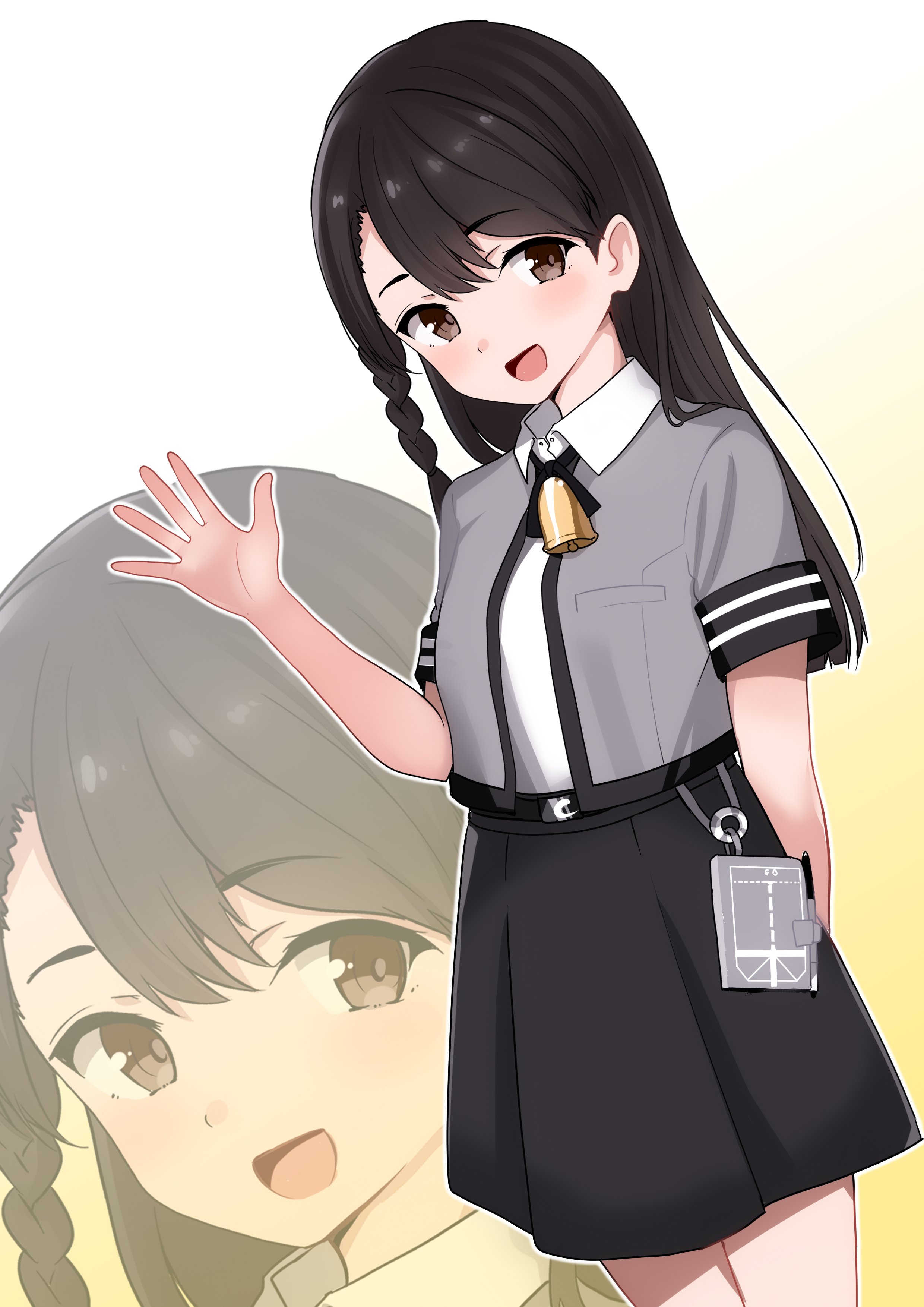 himura moritaka, japan maritime self-defense force, japan self-defense force, kantai collection, original, absurdres, commentary request, highres, 1girl, black hair, black skirt, braid, brown eyes, collared shirt, dress shirt, grey jacket, jacket, js chihaya (asr-403), long hair, medium skirt, military, multiple views, remote control vehicle, shirt, short sleeves, single braid, skirt, smile, white shirt
