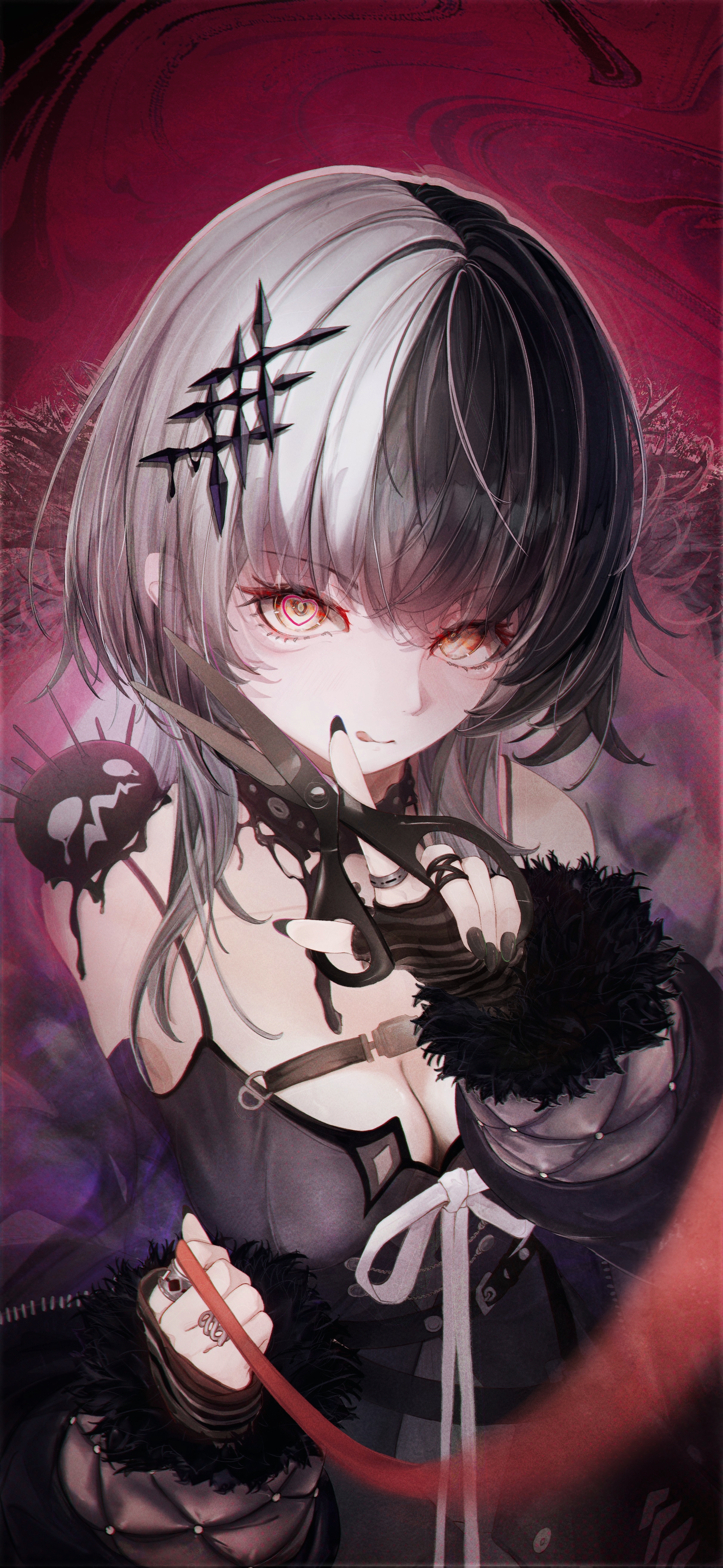 akiyama kou, shiori novella, shiori novella (1st costume), yorick (shiori novella), hololive, hololive english, absurdres, commentary, highres, symbol-only commentary, 1girl, :q, belt, black belt, black choker, black dress, black gloves, black hair, black jacket, black nails, blurry, blurry foreground, breasts, chest belt, choker, dress, fingerless gloves, fur-trimmed sleeves, fur trim, gloves, grey hair, hair ornament, heart, heart in eye, holding, holding leash, holding scissors, jacket, jewelry, large breasts, leash, long hair, looking at viewer, multicolored hair, multiple rings, nail polish, open clothes, open jacket, pov, ring, scissors, solo, split-color hair, striped arm warmers, striped clothes, striped gloves, symbol in eye, tongue, tongue out, two-tone hair, upper body, very long fingernails, viewer on leash, virtual youtuber, yellow eyes