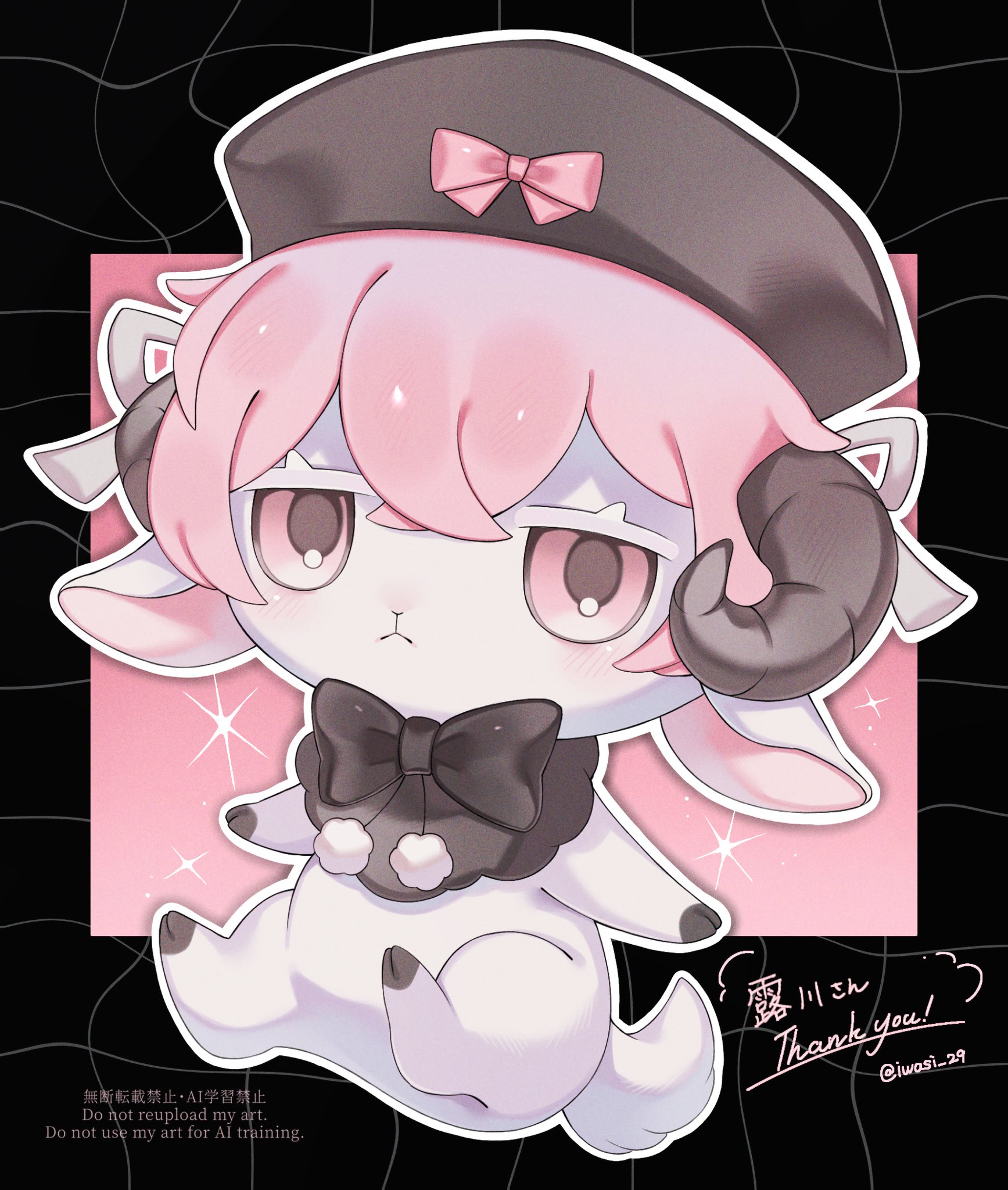 iwasi 29, original, commentary, commission, highres, skeb commission, animal focus, black background, black bow, black bowtie, blush, bow, bowtie, brown hat, closed mouth, crossed bangs, double-parted bangs, hat, horns, no humans, outline, pink eyes, pink hair, sheep, short hair, thank you, twitter username, watermark, white outline