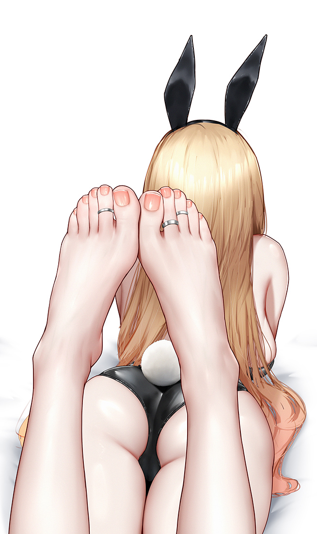 wd (1106592840), kitagawa marin, sono bisque doll wa koi wo suru, 1girl, animal ear hairband, animal ears, ass, backboob, bare legs, bare shoulders, barefoot, black leotard, blonde hair, breasts, facing away, fake animal ears, fake tail, feet, feet up, foot focus, from behind, hairband, jewelry, large breasts, legs, leotard, long hair, lying, medium breasts, nail polish, on stomach, playboy bunny, rabbit ear hairband, rabbit ears, rabbit tail, simple background, solo, stomach, tail, the pose, toe ring, toenail polish, toenails, toes, very long hair, white background