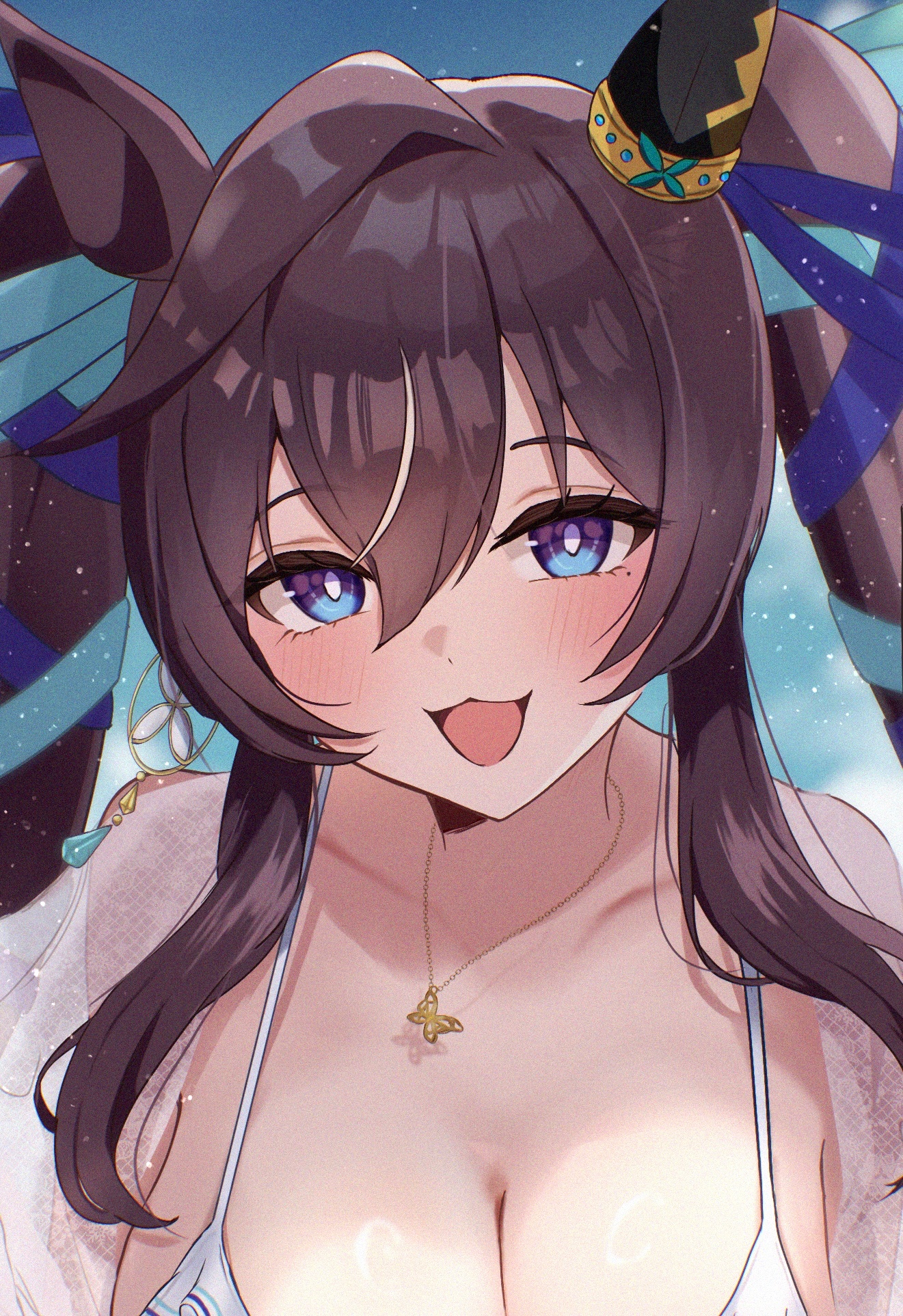 kaniitama, vivlos (umamusume), umamusume, highres, 1girl, :3, animal ears, blue eyes, blush, breasts, brown hair, butterfly necklace, ear covers, hair between eyes, hair ornament, horse ears, horse girl, looking at viewer, mole, mole under eye, multicolored hair, open mouth, purple eyes, solo, streaked hair, swimsuit, twintails