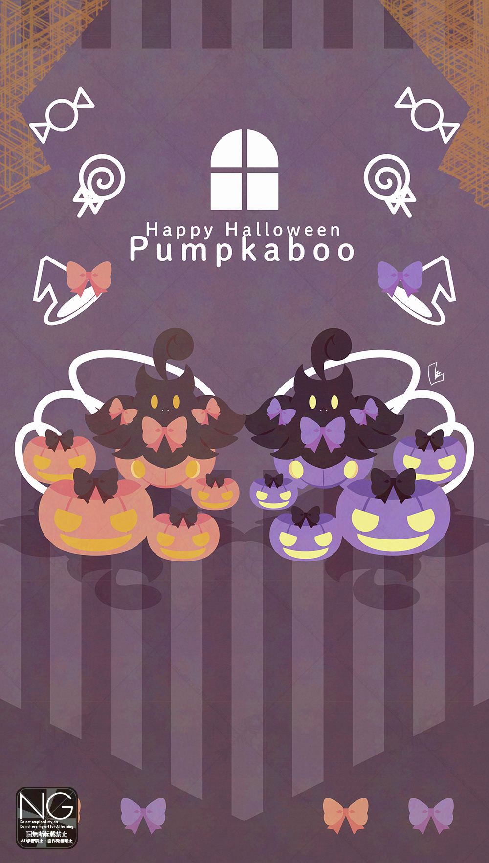 meme (sleepsheep), pumpkaboo, nintendo, pokemon, highres, alternate color, bow, candy, closed mouth, fangs, food, gen 6 pokemon, halloween, hat, holding, holding candy, holding food, holding lollipop, jack-o'-lantern, lollipop, looking at viewer, no humans, orange bow, pokemon (creature), pumpkin, purple bow, shiny pokemon, witch hat, yellow eyes