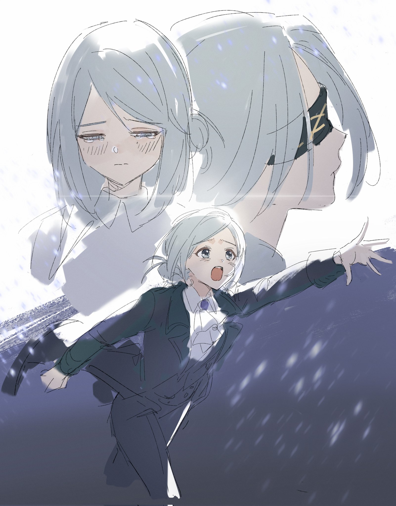 mmihpyy, urd (reverse:1999), reverse:1999, highres, 2girls, ascot, black coat, black pants, blindfold, coat, cowboy shot, dark background, grey eyes, grey hair, hair bun, half-closed eyes, multiple girls, multiple views, open hand, open mouth, outstretched arm, pants, portrait, profile, reaching, running, shirt, short hair, single side bun, two-tone background, white ascot, white background, white shirt