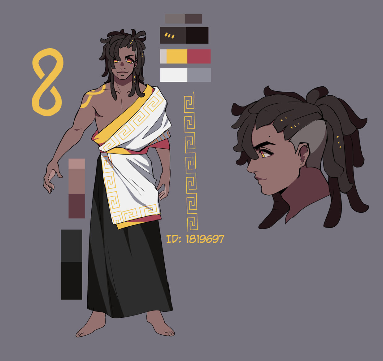 graveweaver, i'm the grim reaper, official art, 1boy, barefoot, black hair, buzz cut, dark-skinned male, dark skin, full body, gold trim, hair over shoulder, infinity symbol, key (i'm the grim reaper), looking at viewer, male focus, multiple views, muscular, muscular male, one side up, pectorals, reference sheet, short hair, shoulder tattoo, sidelocks, smile, standing, tattoo, toga, very short hair, yellow eyes