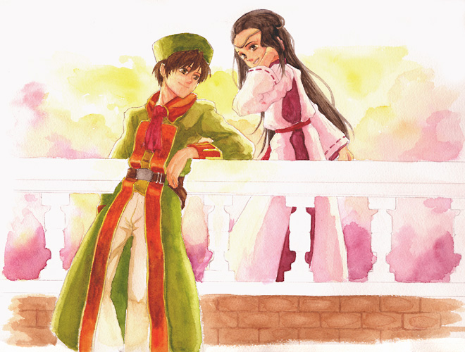pue (tokoshiro ), sai (pue), eltrio, xia (dq8), dragon quest, dragon quest viii, square enix, bad id, bad pixiv id, 1boy, 1girl, brown hair, couple, hat, hetero