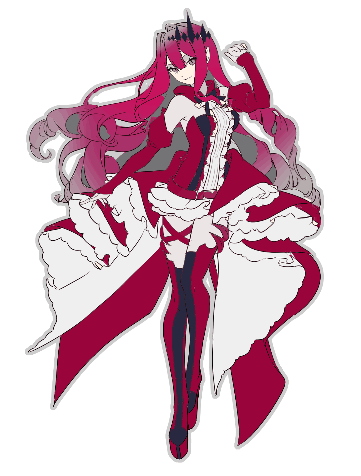 baobhan sith (fate), baobhan sith (first ascension) (fate), fate/grand order, fate (series), highres, 1girl, baofka51865, boots, breasts, detached sleeves, dress, frilled dress, frills, full body, grey eyes, hair ornament, hand up, high heel boots, high heels, long hair, looking at viewer, pink hair, platform heels, pointy ears, red dress, smile, solo, thigh boots, white background