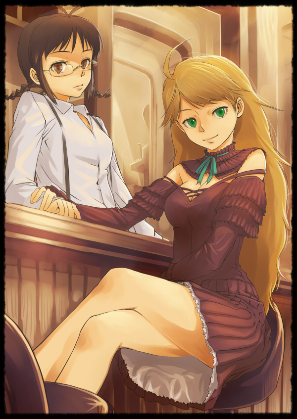 inu (aerodog), akizuki ritsuko, hoshii miki, idolmaster, idolmaster (classic), idolmaster 1, 00s, 2girls, blonde hair, casual, cowboy western, crossed legs, dress, multiple girls, sitting, suspenders