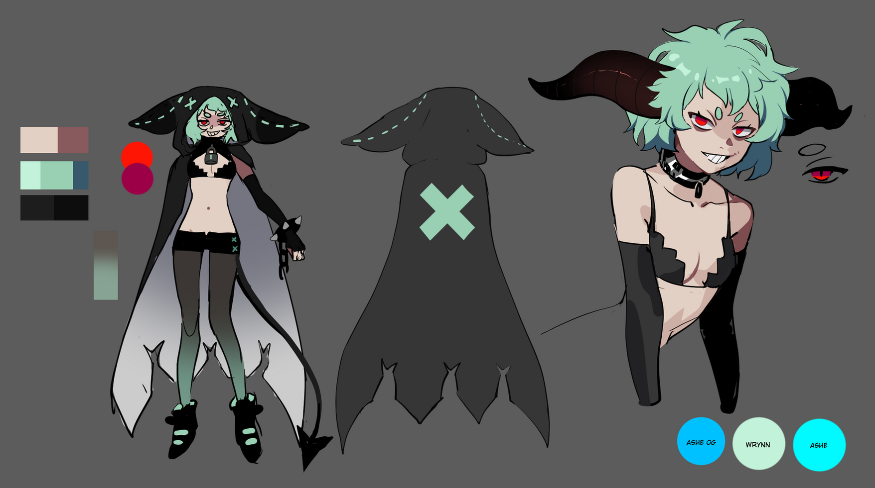 graveweaver, i'm the grim reaper, highres, official art, 1girl, animal ear hood, bags under eyes, black gloves, blue hair, bob cut, bra, breasts, cleavage, cloak, color guide, cuffs, demon horns, elbow gloves, fake animal ears, fingerless gloves, full body, gloves, gradient pantyhose, grin, hood, hood up, hooded cloak, horns, multiple views, no shirt, outstretched hand, pantyhose, red eyes, reference sheet, shackles, short hair, smile, standing, stomach, underwear, wrynn (i'm the grim reaper), x (symbol)
