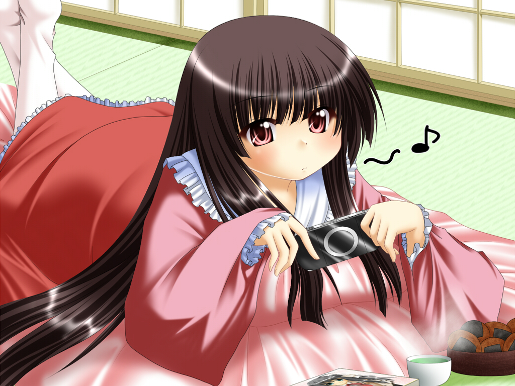 kagura chitose, houraisan kaguya, touhou, 1girl, blush, female focus, handheld game console, long hair, musical note, playing games, playstation portable, sliding doors, solo, video game