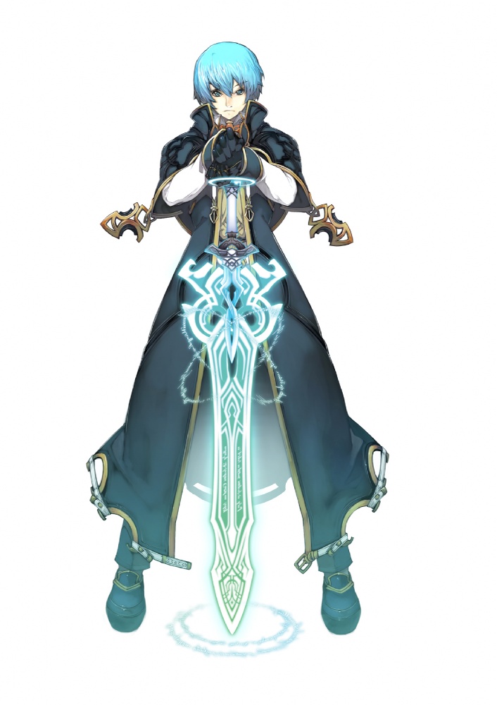 yoshizumi kazuyuki, rozeluxe meitzen, atelier (series), gust, mana khemia (series), mana khemia 2, official art, 1boy, bishounen, blue eyes, blue hair, coat, full body, gloves, long sleeves, male focus, matching hair/eyes, pants, shoes, short hair, solo, standing, sword, weapon, white background