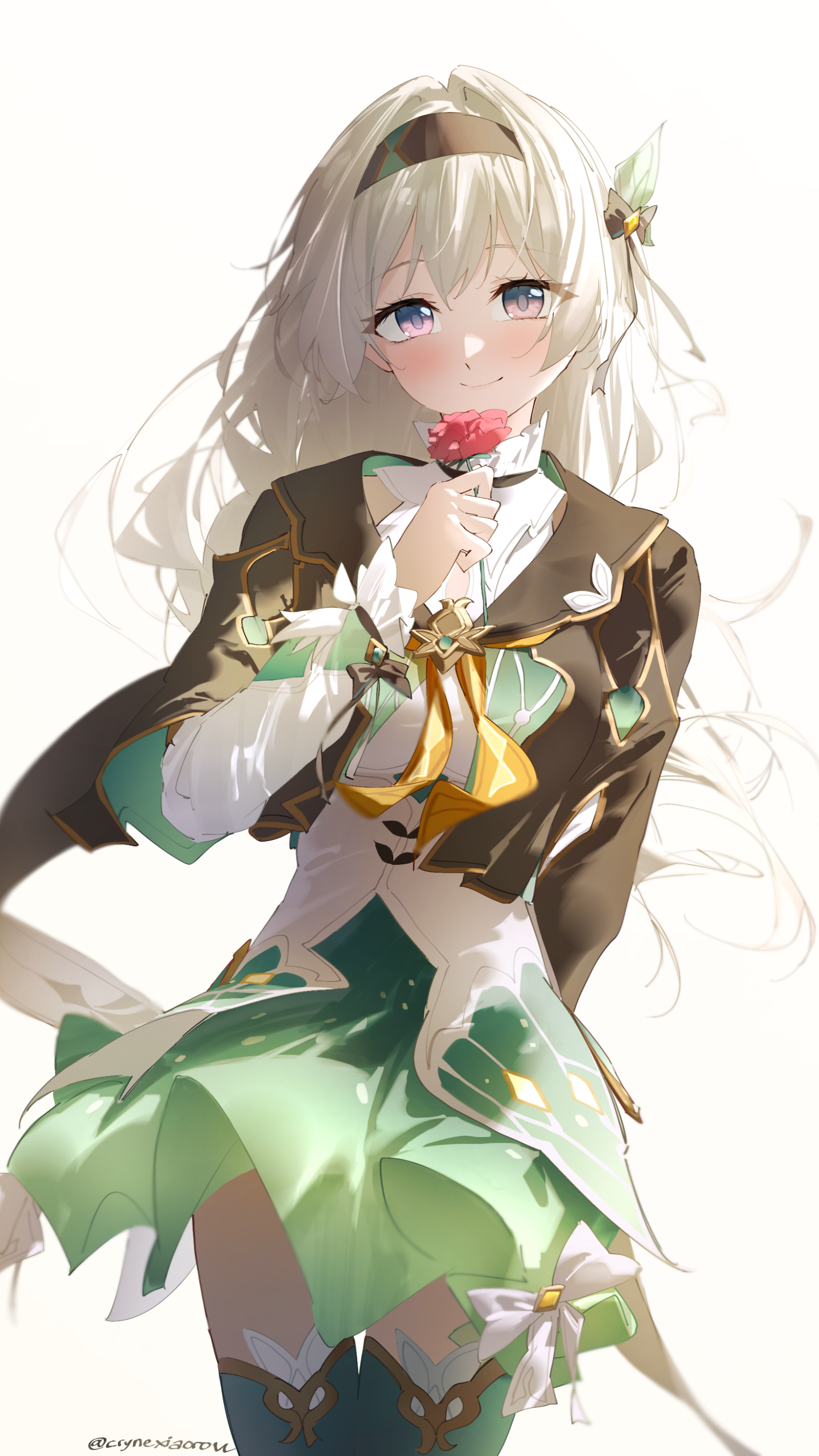 cryne, firefly (honkai: star rail), honkai: star rail, honkai (series), absurdres, commentary, highres, 1girl, arm behind back, black bow, black hairband, black jacket, blue eyes, blush, bow, breasts, closed mouth, cowboy shot, flower, green skirt, grey hair, hair bow, hairband, hand up, holding, holding flower, jacket, long hair, long sleeves, looking at viewer, medium breasts, multicolored eyes, purple eyes, shirt, skirt, smile, solo, thighs, twitter username, two-tone eyes, white shirt