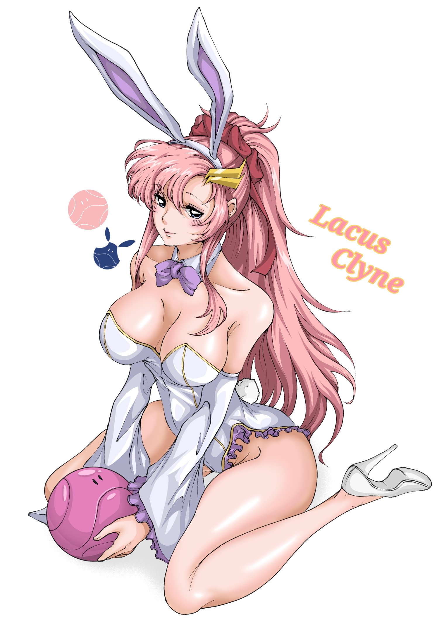 yshin, haro, lacus clyne, gundam, gundam seed, mobile suit gundam, highres, animal ears, bare legs, bare shoulders, bow, bowtie, breasts, hair ornament, high heels, large breasts, long hair, pink hair, playboy bunny, ponytail, rabbit ears, rabbit tail, sitting, solo, tail, thick thighs, thighs, white background