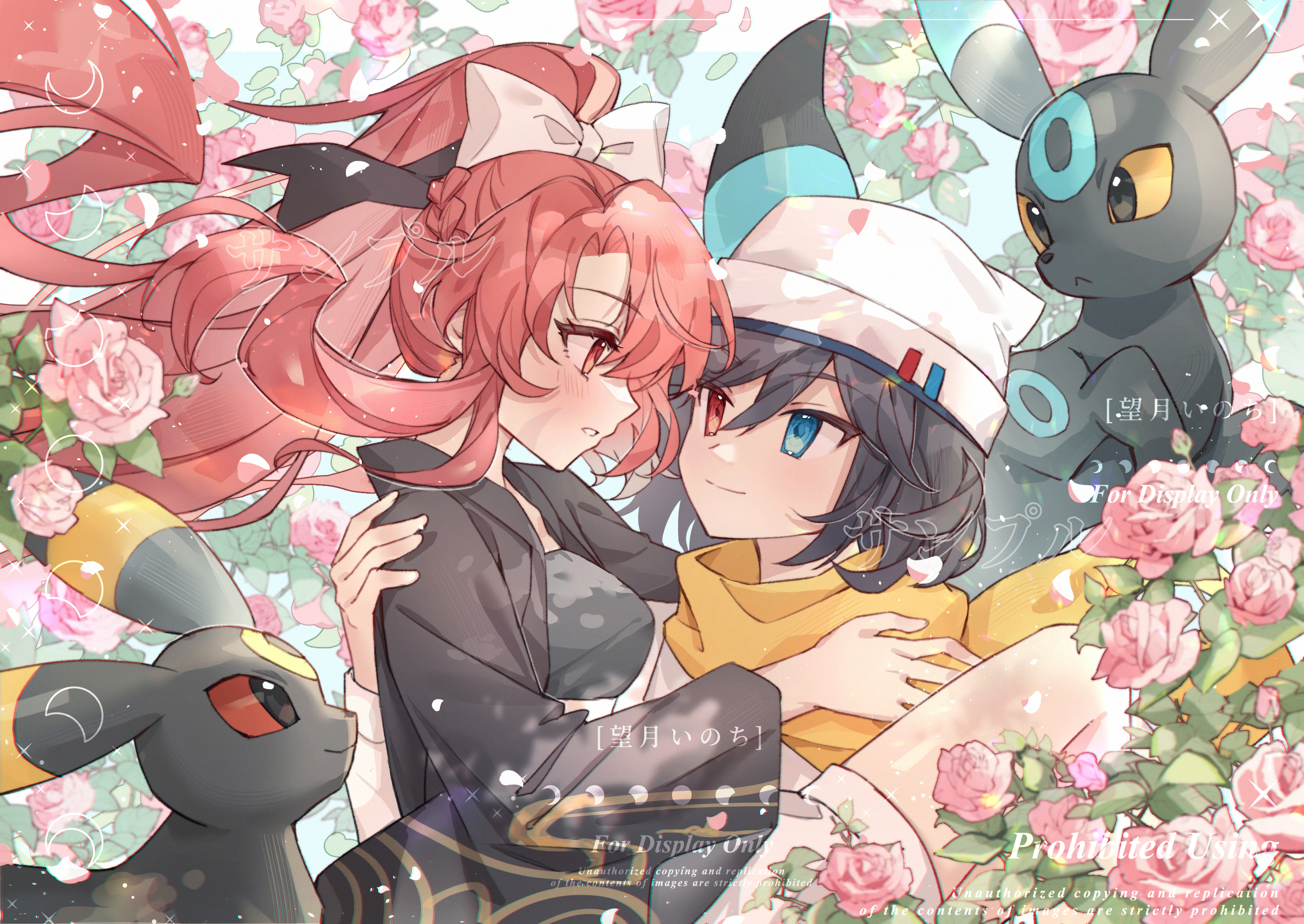 mochizuki inochi, umbreon, nintendo, pokemon, highres, 1boy, 1girl, alternate color, artist name, black dress, black hair, blue eyes, blush, bow, closed mouth, double-parted bangs, dress, eye contact, flower, gen 2 pokemon, hair between eyes, hair bow, hat, heterochromia, leaf, long hair, long sleeves, looking at another, parted lips, pink flower, pink hair, pink rose, pokemon (creature), ponytail, red eyes, rose, scarf, shiny pokemon, short hair, smile, upper body, watermark, white bow, white hat, yellow scarf