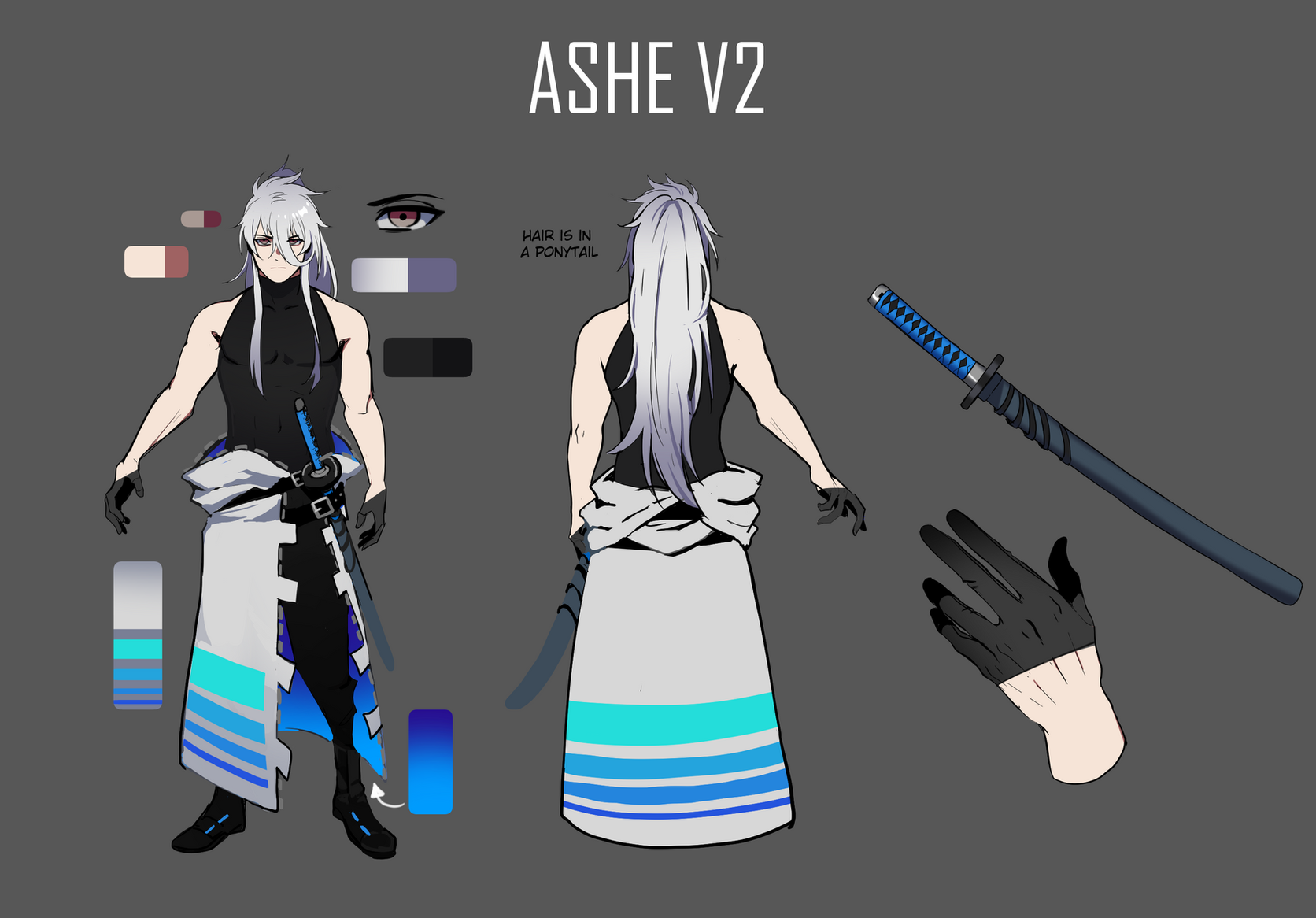 graveweaver, i'm the grim reaper, highres, official art, 1boy, ashe (i'm the grim reaper), black gloves, black shirt, boots, brown eyes, character name, clothes around waist, color guide, english text, front and back, full body, gloves, halterneck, jacket, jacket around waist, katana, long hair, looking at viewer, male focus, muscular, muscular male, one side up, outstretched arm, reference sheet, scabbard, serious, sheath, shirt, sidelocks, sleeveless, sleeveless shirt, sword, very long hair, weapon, white hair