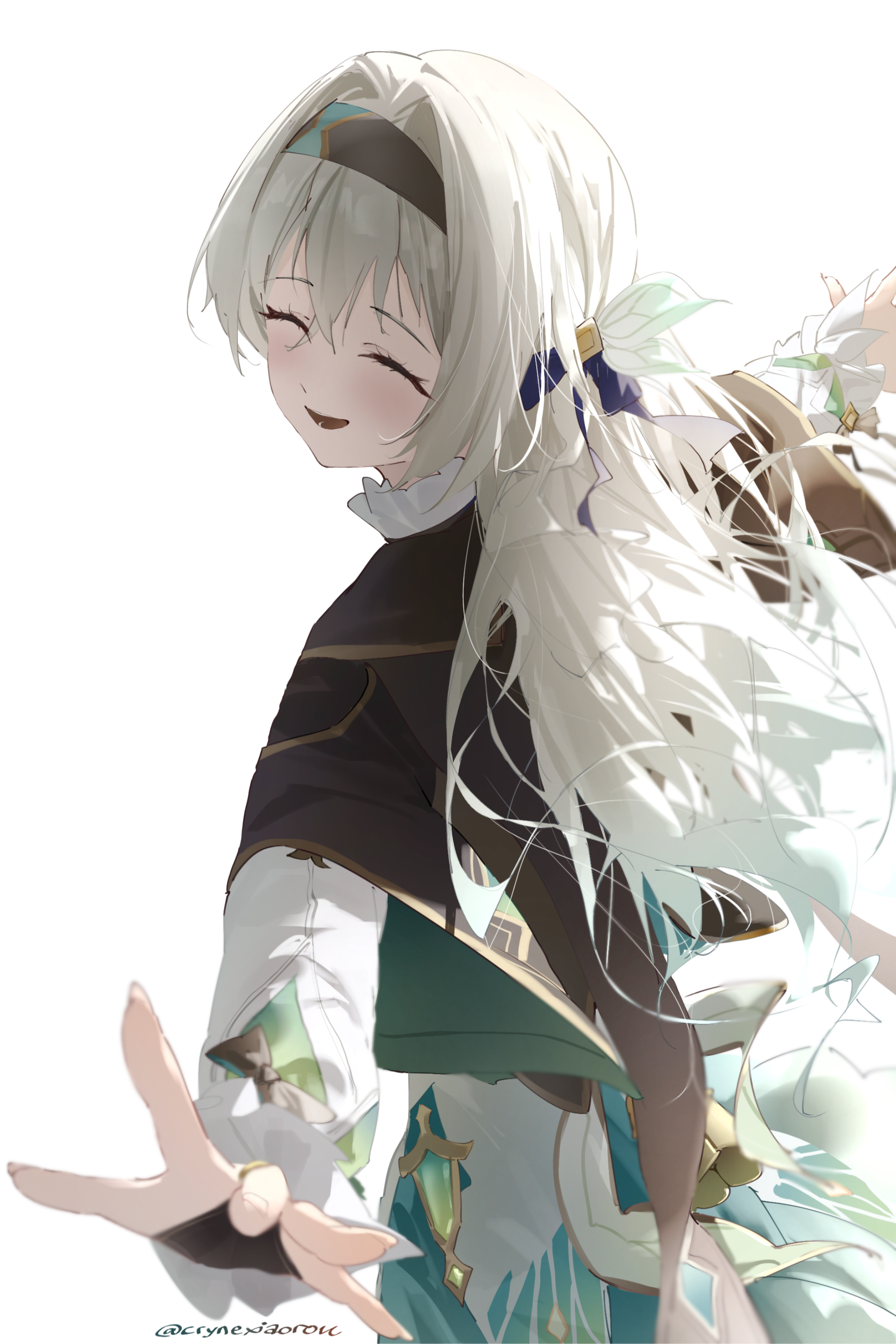 cryne, firefly (honkai: star rail), honkai: star rail, honkai (series), absurdres, commentary, highres, 1girl, black bow, black bra, black hairband, black jacket, bow, bra, bridal gauntlets, closed eyes, facing to the side, from side, grey hair, hair bow, hairband, jacket, long hair, long sleeves, open mouth, outstretched arms, shirt, simple background, single bridal gauntlet, smile, solo, underwear, white background, white shirt
