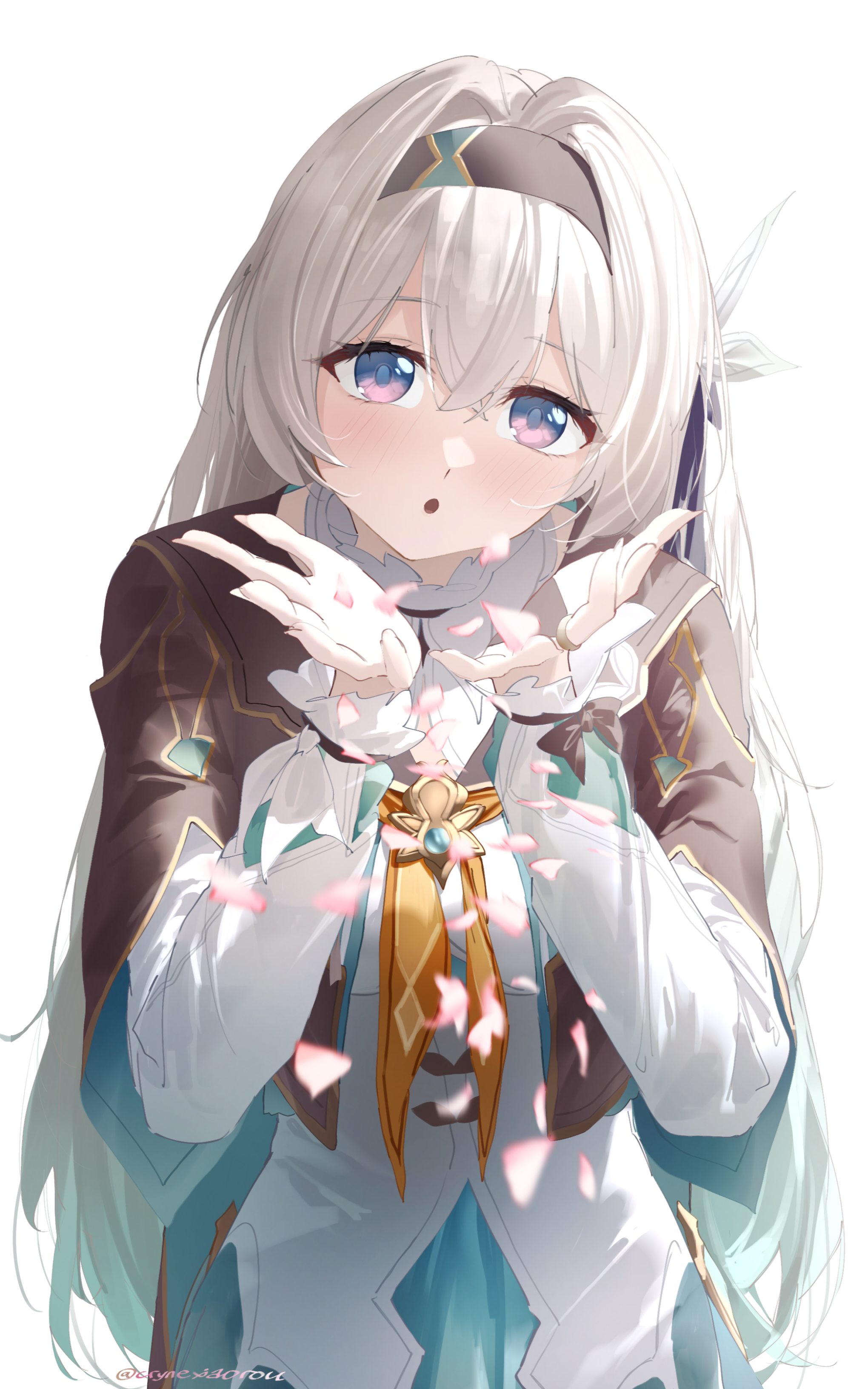 cryne, firefly (honkai: star rail), honkai: star rail, honkai (series), absurdres, highres, 1girl, :o, black bow, black hairband, black jacket, blowing, blue eyes, blush, bow, breasts, gradient hair, green hair, grey hair, hair between eyes, hair bow, hairband, hands up, jacket, long sleeves, looking at viewer, medium breasts, multicolored hair, petals, purple eyes, shirt, simple background, solo, twitter username, upper body, white background, white shirt
