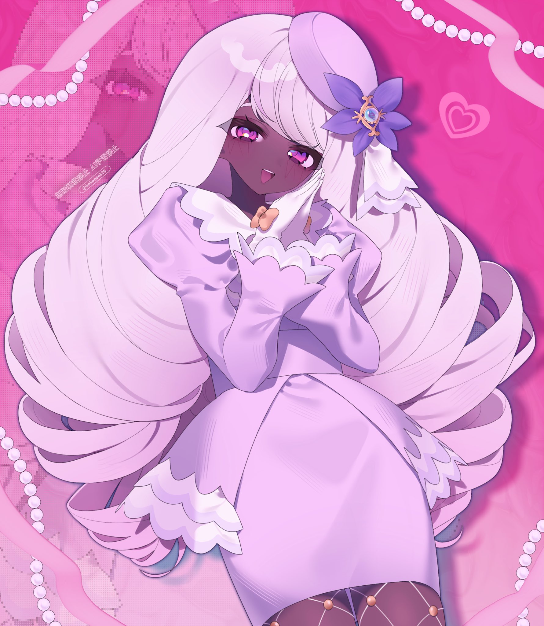 kokonoe826, jacinthe (pokemon), nintendo, pokemon, pokemon legends: z-a, highres, 1girl, :d, cowboy shot, dark-skinned female, dark skin, dress, drill hair, fishnet pantyhose, fishnets, gloves, gradient hair, hand up, hat, heart, legs together, light blush, long hair, long sleeves, looking at viewer, medium dress, mega stone, multicolored hair, open mouth, pantyhose, pink hair, puffy sleeves, purple dress, purple eyes, purple hat, smile, solo, standing, teeth, upper teeth only, very long hair, white gloves, white hair, zoom layer