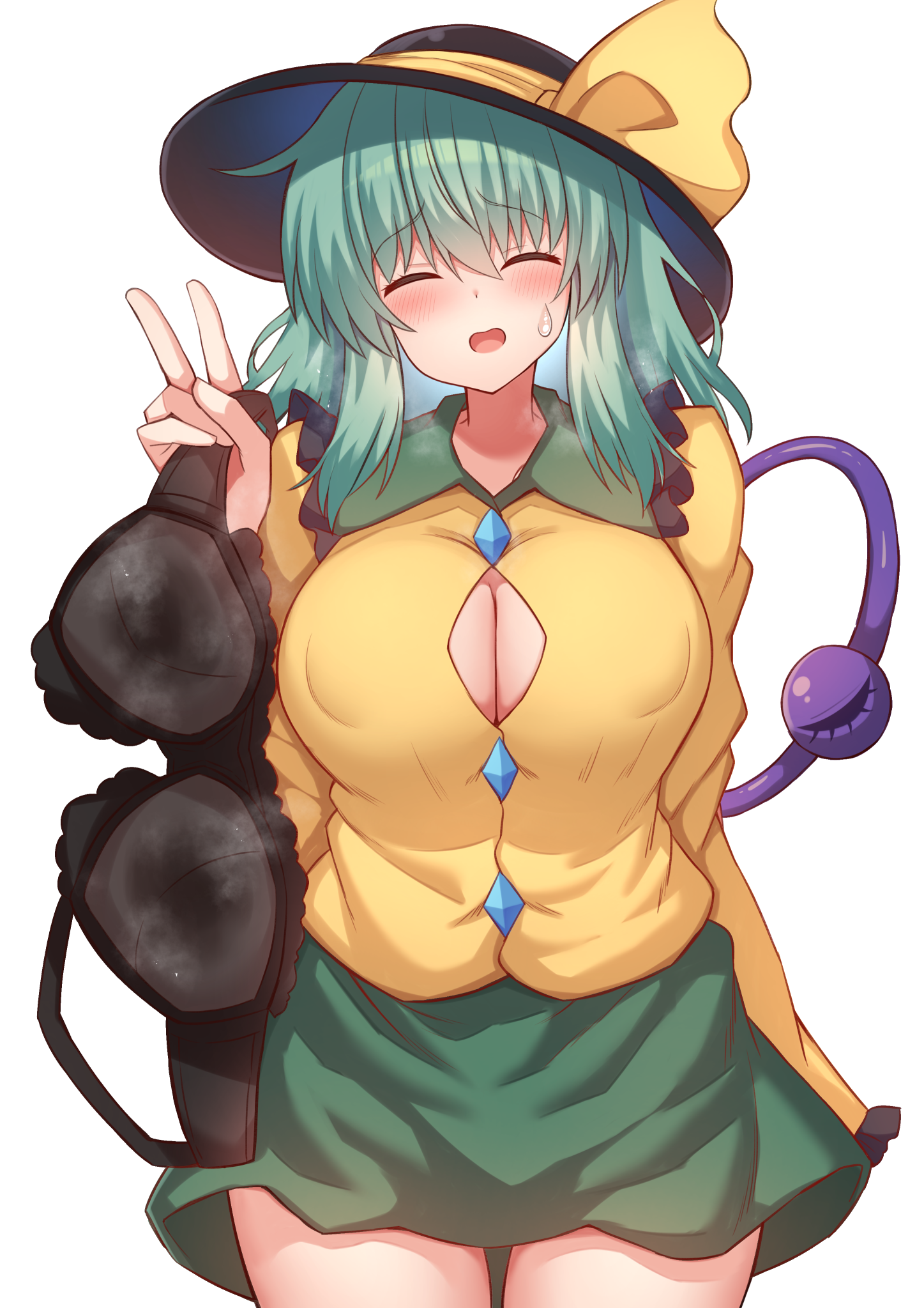 tksand, komeiji koishi, touhou, commentary request, highres, 1girl, black bra, black hat, blue hair, blush, bra, breasts, button gap, buttons, closed eyes, collared shirt, colored inner hair, cowboy shot, diamond button, frills, green hair, green skirt, hair between eyes, hat, hat ribbon, holding, holding bra, holding underwear, holding unworn clothes, large breasts, long sleeves, miniskirt, multicolored hair, open mouth, presenting bra, ribbon, shirt, short hair, simple background, skirt, smile, solo, standing, steam, sweatdrop, third eye, underwear, v, white background, wide sleeves, yellow ribbon, yellow shirt