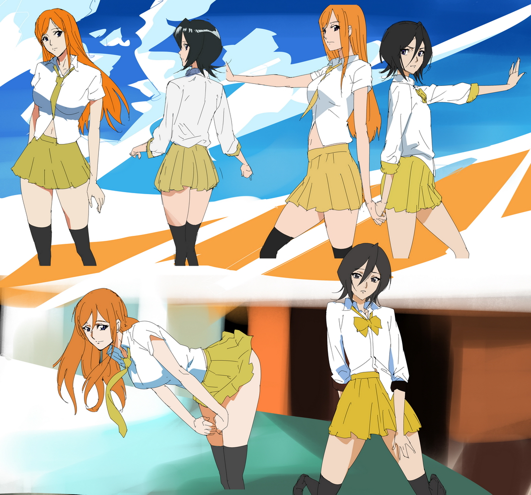 makacoon, inoue orihime, kuchiki rukia, bleach, 00s, 2girls, back, bent over, black eyes, black hair, black socks, blue eyes, bow, bowtie, breasts, dress shirt, flat chest, holding, holding own hair, kneehighs, long hair, multiple girls, necktie, orange hair, school uniform, shirt, short hair, sleeves rolled up, socks, thighhighs, zettai ryouiki