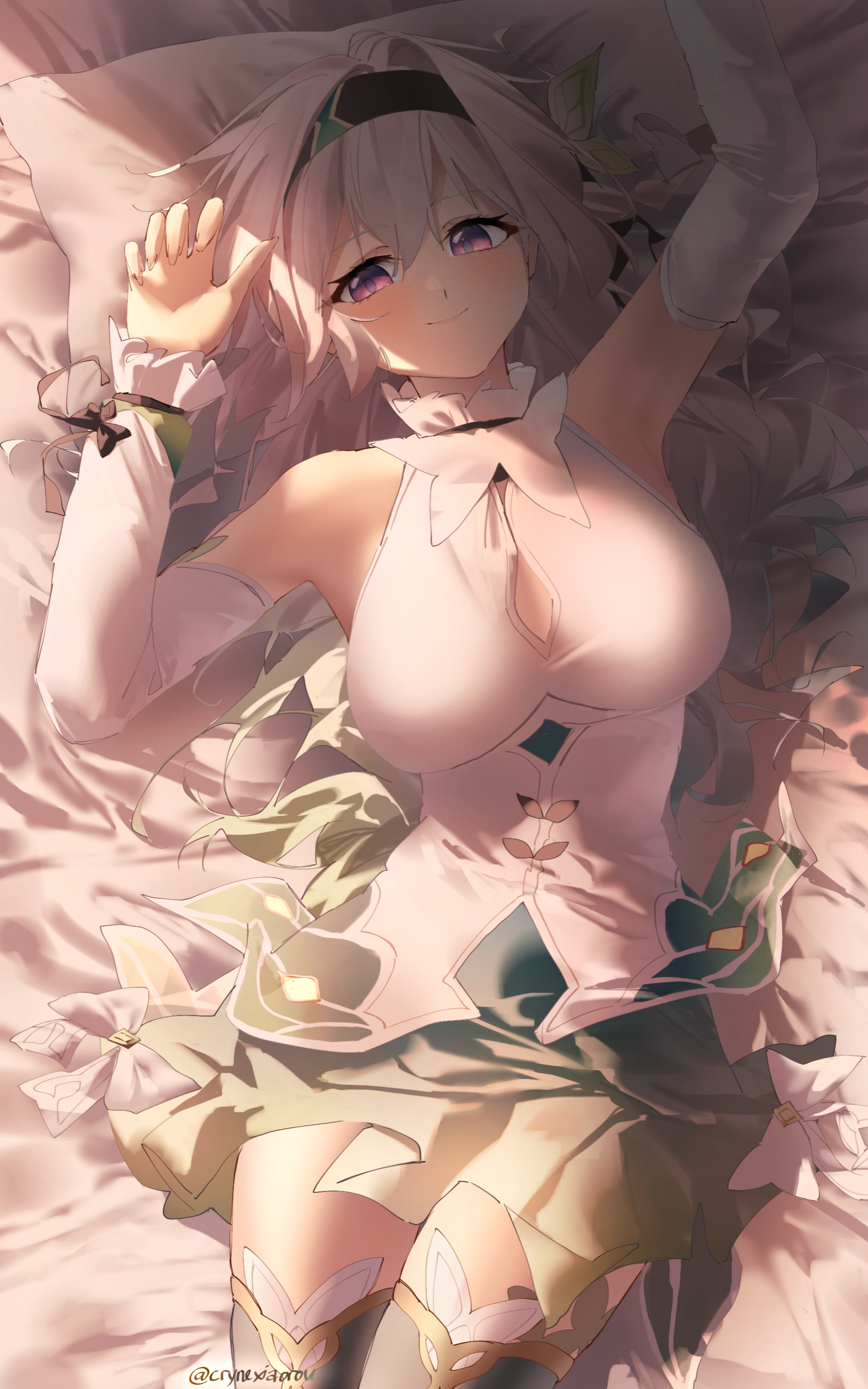 cryne, firefly (honkai: star rail), honkai: star rail, honkai (series), absurdres, commentary, highres, 1girl, arm up, bare shoulders, bed sheet, black hairband, blush, breasts, closed mouth, detached sleeves, from above, green skirt, grey hair, hairband, hand up, large breasts, long hair, long sleeves, looking at viewer, lying, no jacket, on back, on bed, pillow, purple eyes, shirt, skirt, smile, solo, thighs, twitter username, white shirt