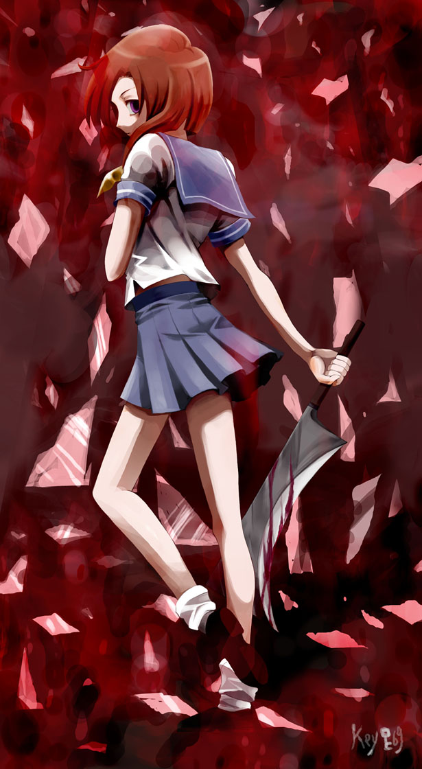 negativeundead, ryuuguu rena, higurashi no naku koro ni, 00s, 1girl, blood, brown hair, cleaver, female focus, hashitsuki nata, hatchet, nata (tool), school uniform, solo