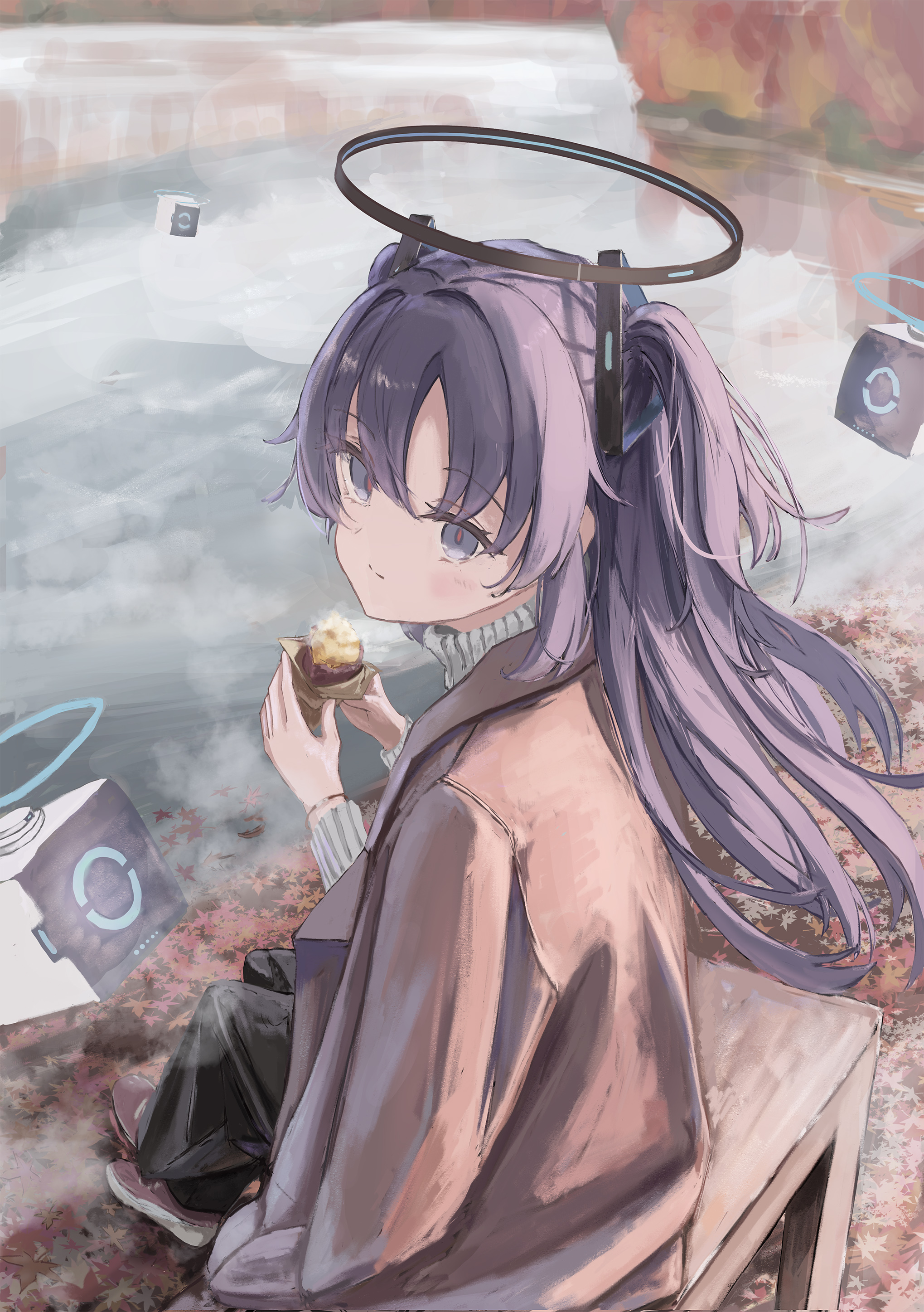 yuuka (blue archive), blue archive, absurdres, commentary, highres, 1girl, alternate costume, autumn, black halo, black pants, blush, brown coat, brown shoes, closed mouth, coat, drone, eating, food, grey sweater, hair ornament, halo, holding, holding food, kogure0012, long hair, long sleeves, looking at viewer, on bench, pants, purple eyes, purple hair, ribbed sweater, roasted sweet potato, shoes, sitting, smile, sneakers, solo, sweater, sweet potato, turtleneck, turtleneck sweater, two side up, water