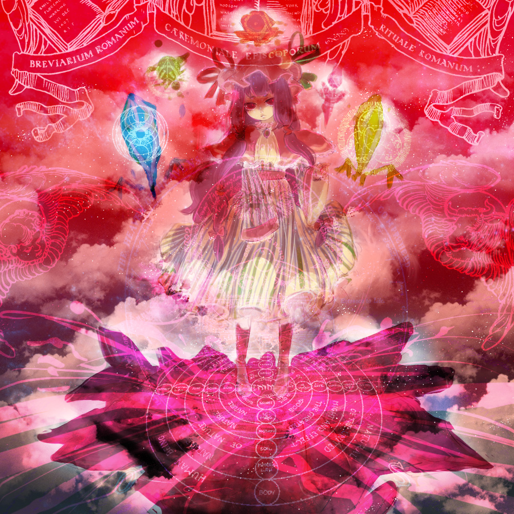 destroyb, patchouli knowledge, touhou, bad id, bad pixiv id, 1girl, crystal, english text, female focus, latin text, magic circle, purple hair, solo, standing