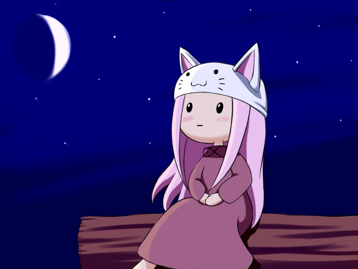 sei15, megurine luka, megurine luka (toeto), toeto (vocaloid), vocaloid, :3, animal hat, blush, cat hat, chibi, hat, moon, night, pink hair, sitting, skirt, solo, star (symbol)
