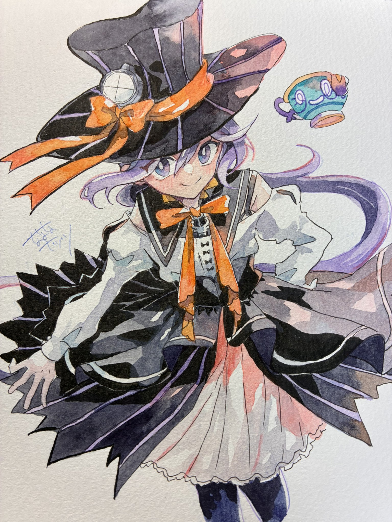 nanananatsu, akebono (halloween) (kancolle), akebono (kancolle), kantai collection, commentary request, highres, traditional media, 1girl, anchor ornament, black hat, bow, bowtie, cup, dress, feet out of frame, halloween costume, hat, long hair, looking at viewer, orange bow, orange bowtie, orange ribbon, purple eyes, purple hair, ribbon, searchlight, side ponytail, smile, striped hat, teacup, top hat, white dress